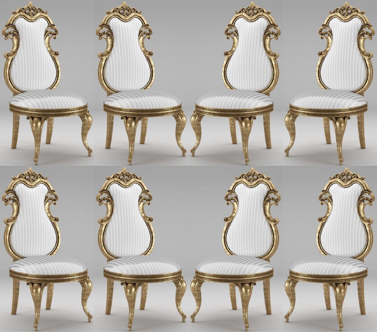 Casa Padrino Esszimmerstuhl Luxus Barock Esszimmer Stuhl Set Weiß / Silber / Antik Gold 55 x 55 x H. 120 cm - Prunkvolle gestreifte Küchen Stühle - Barock Stühle 8er Set - Esszimmer Möbel