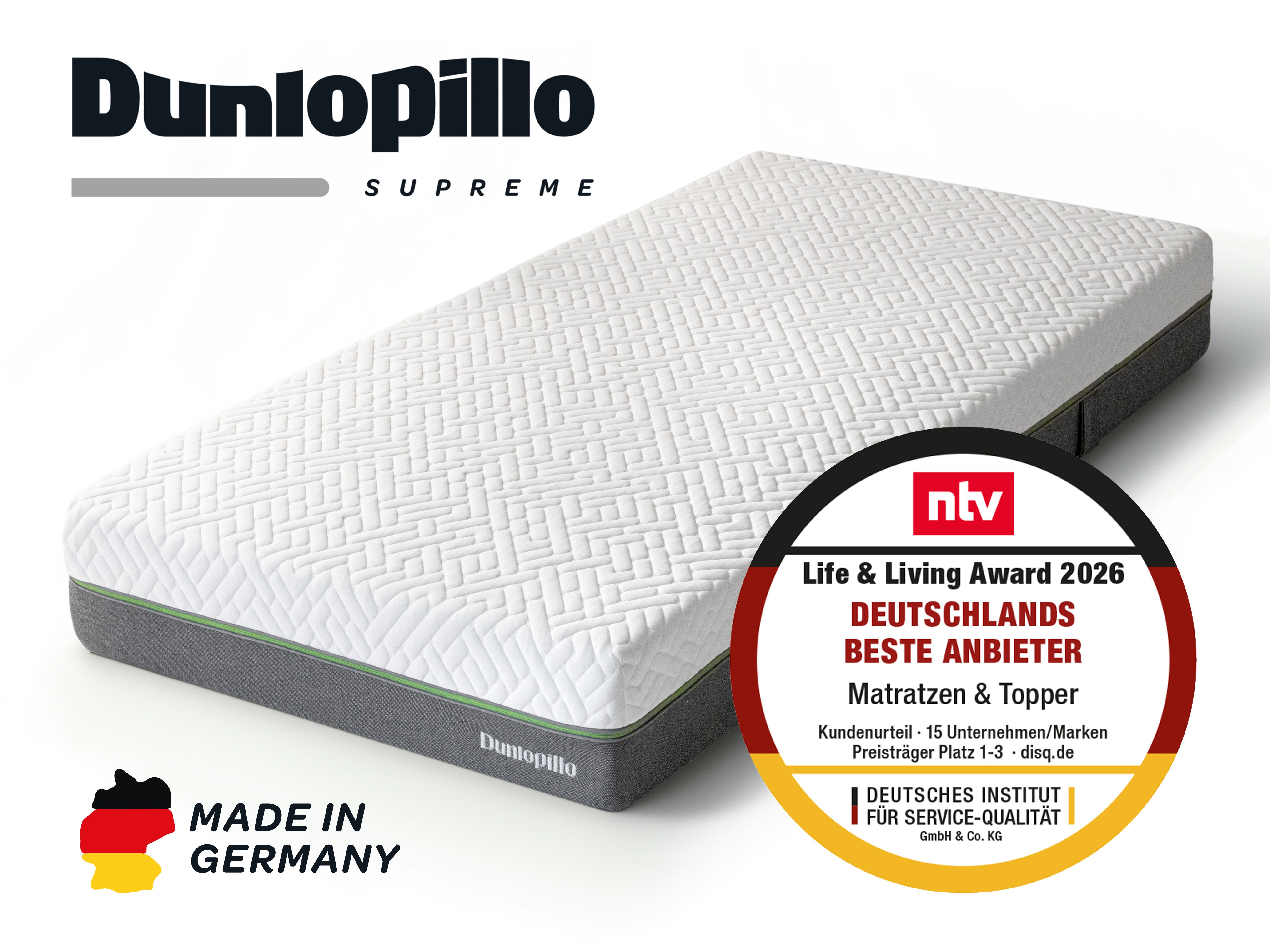 Taschenfederkernmatratze Dunlopillo Supreme T, Matratze 90x200, 140x200 cm, Made in Germany, Dunlopillo, 25 cm hoch, Temperaturunabhängige Aquagelplatte, 1000 Federn (bei 100x200 cm)