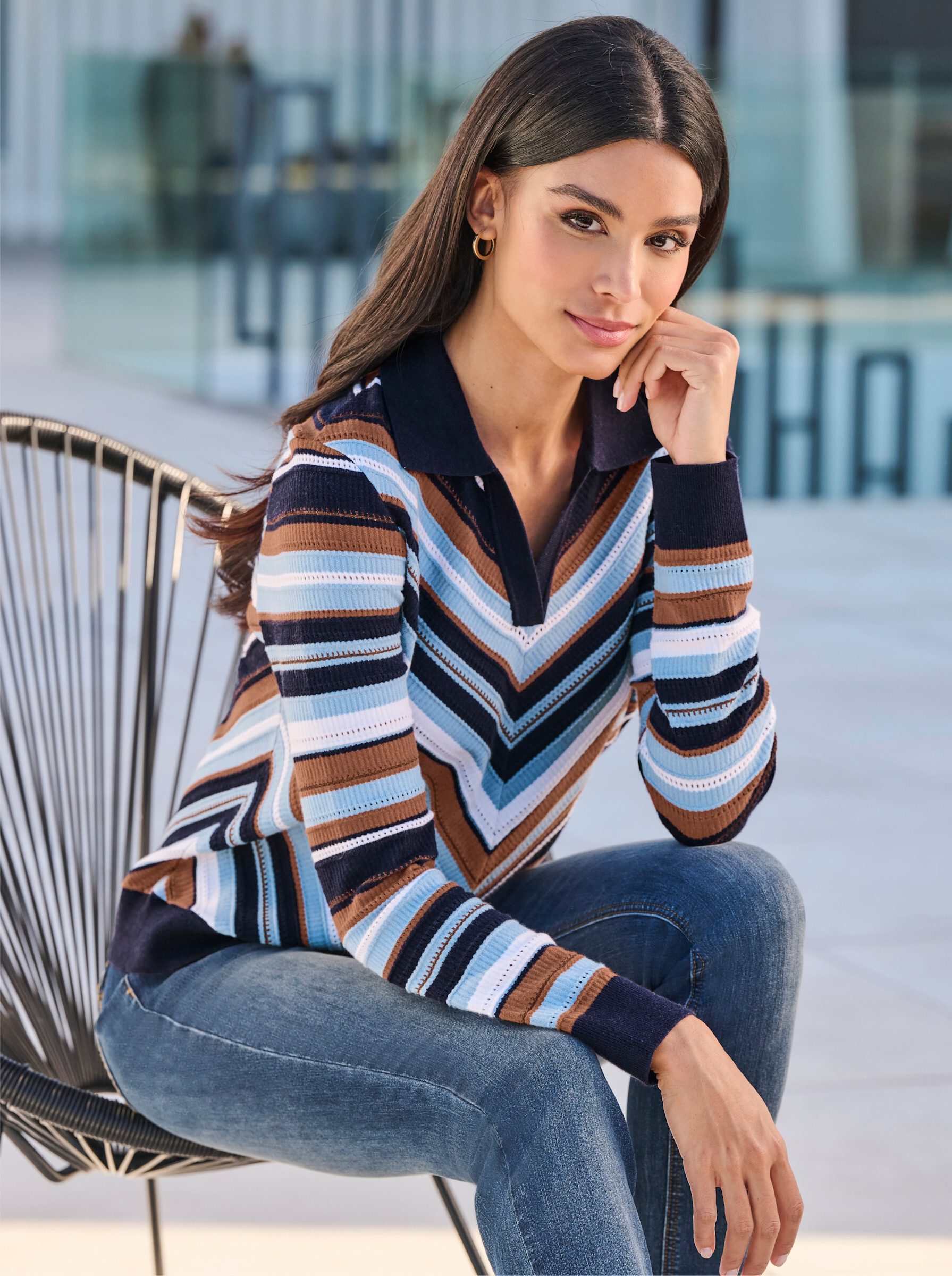 heine Strickpullover Polopullover Langarm Ajour, Feinstrick, Rippoptik