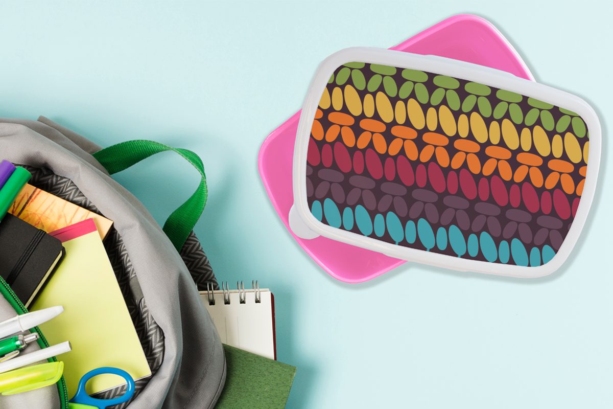 Brotbox rosa Kinder, Regenbogen, Kunststoff - Retro Lunchbox - Kunststoff, Häkelmuster Brotdose Snackbox, Mädchen, Erwachsene, für (2-tlg), MuchoWow