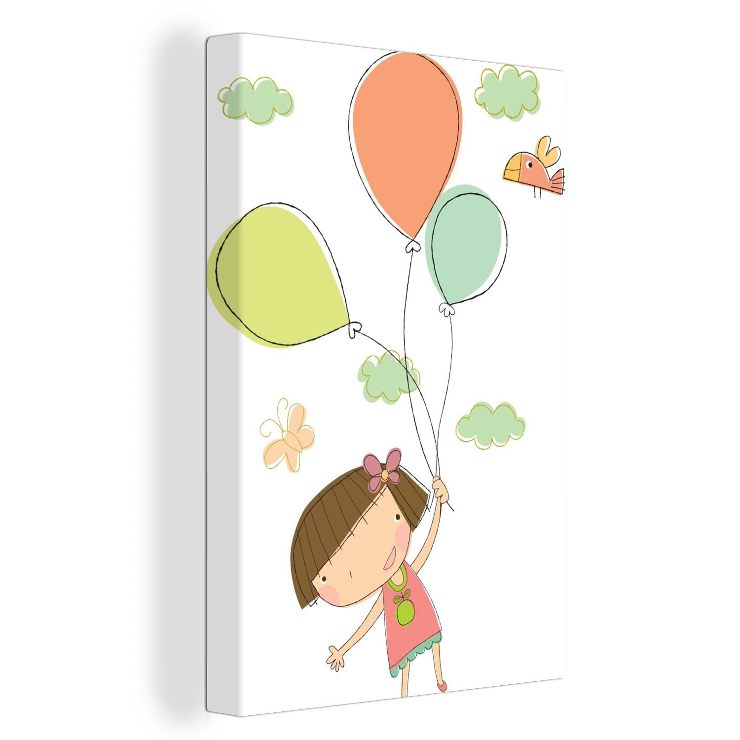OneMillionCanvasses® Leinwandbild Eine gezeichnete Illustration eines Mädchens mit Luftballons, (1 St), Leinwandbild fertig bespannt inkl. Zackenaufhänger, Gemälde, 20x30 cm