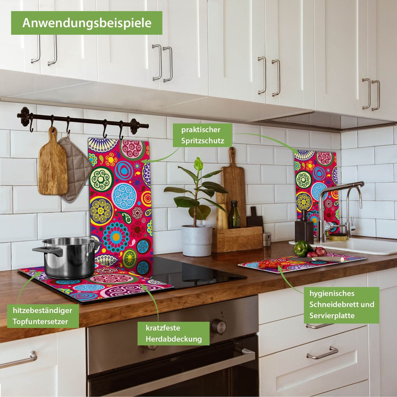 banjado Herd-Abdeckplatte zweiteilig aus Glas mit Motiv Retro Kreise, (gehärtet, 2 tlg., inkl. selbstklebende Gummifüßchen)