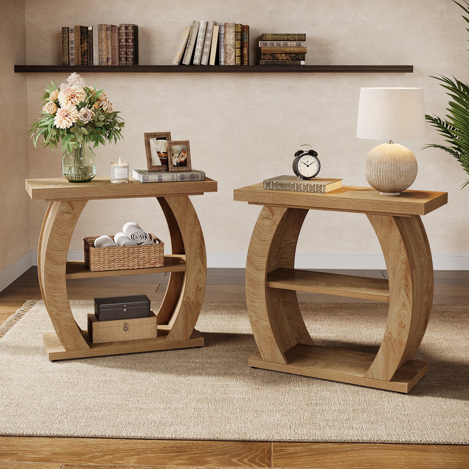 Tribesigns Beistelltisch mit Stauraum, 3 Ablagen Nachttisch Schmal, Gebogener Sofatisch Holz (1 x Beistelltisch - 1 x Zubehörpaket - 1 x Anleitung), Landhausstil Kleiner Tisch Beistelltisch für Wohnzimmer, Schlafzimmer