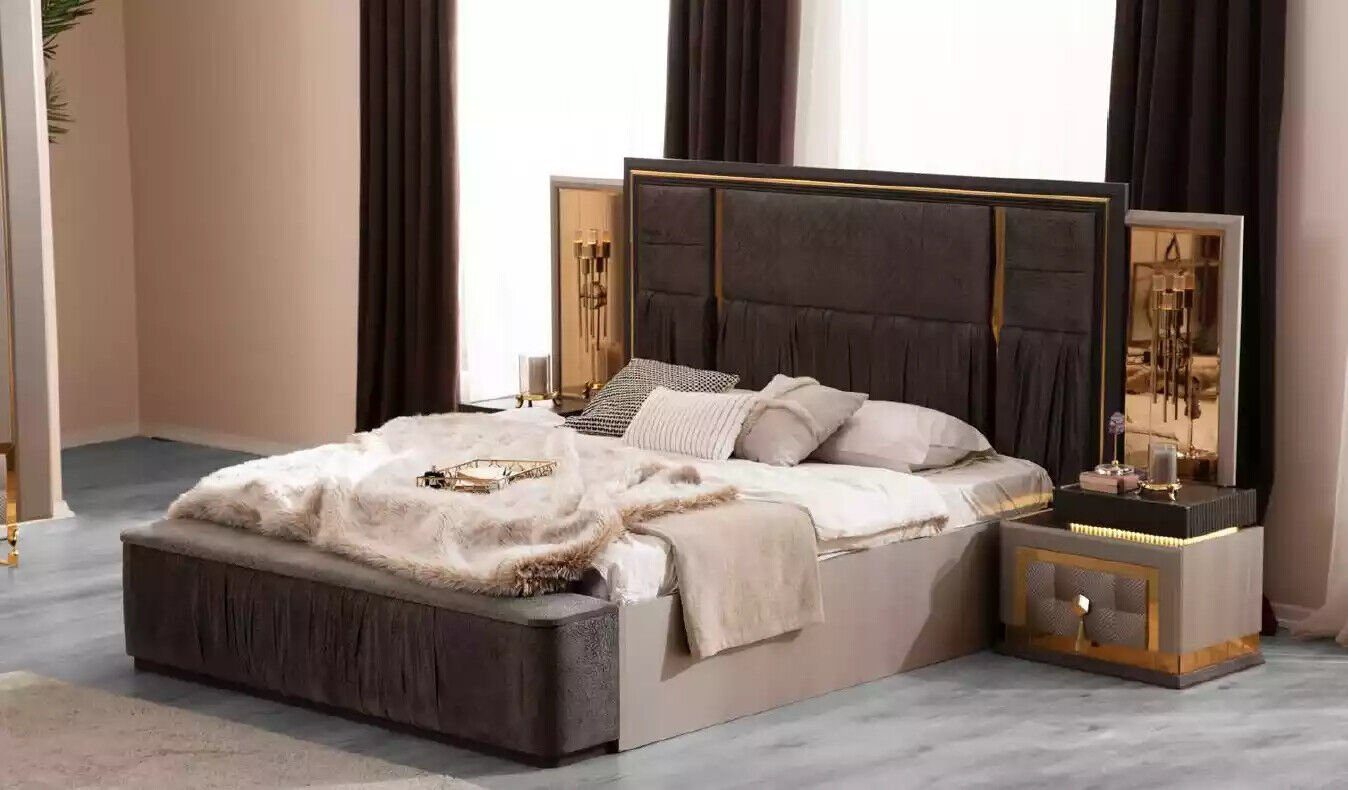 JVmoebel Schlafzimmer-Set Komplette Schlafzimmermöbel Grau Nachttische Bett/Bank/2x Made Stoff Doppelbett in Neu, Nachttische/Kleiderschrank), Europa (5-St