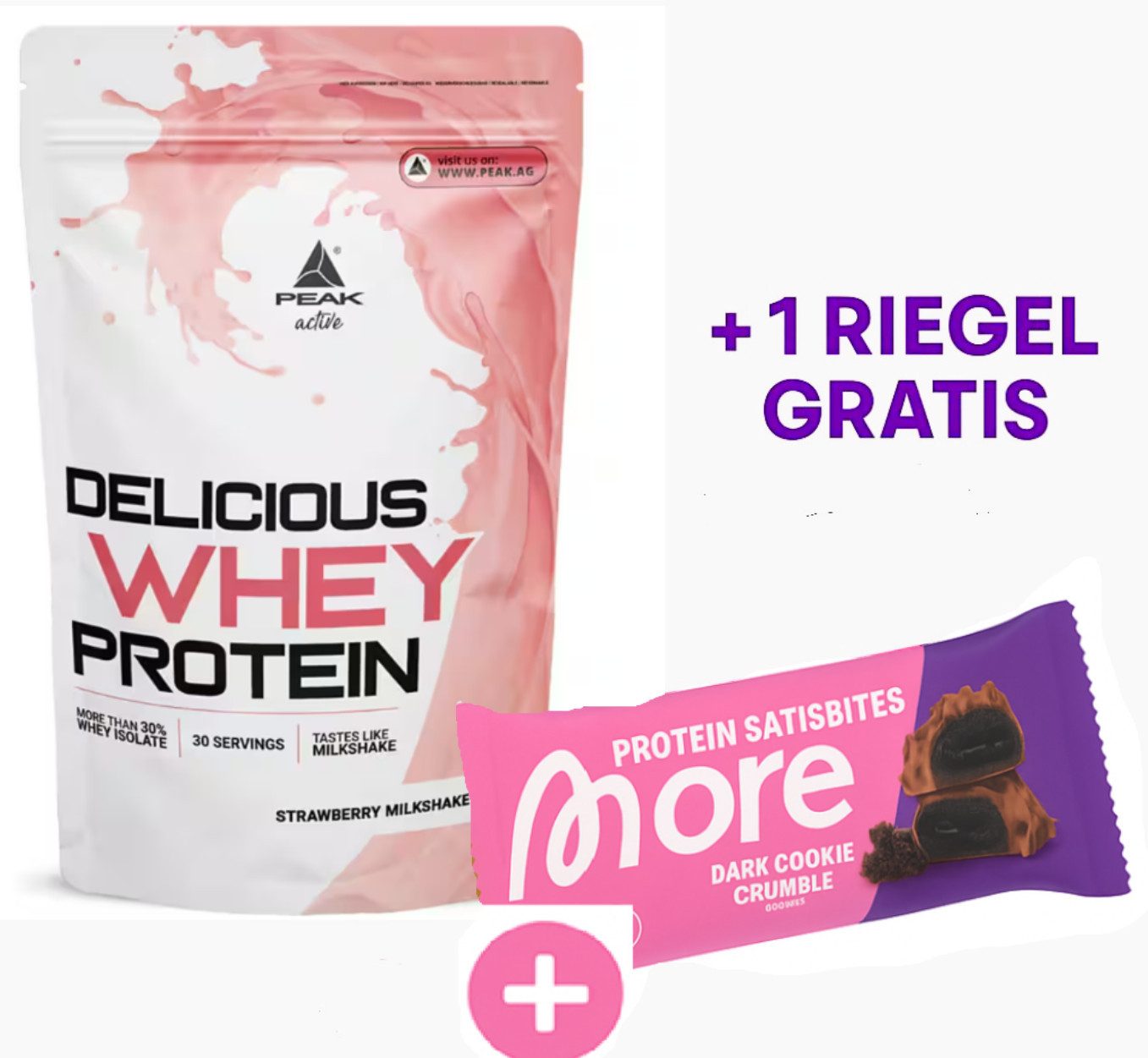 PEAK Delicious Whey 900 g Protein Eiweiß + 1 MORE NUTRITION RIEGEL GRATIS Pulver, 1 er Packung à 900 g, hoher Proteingehalt