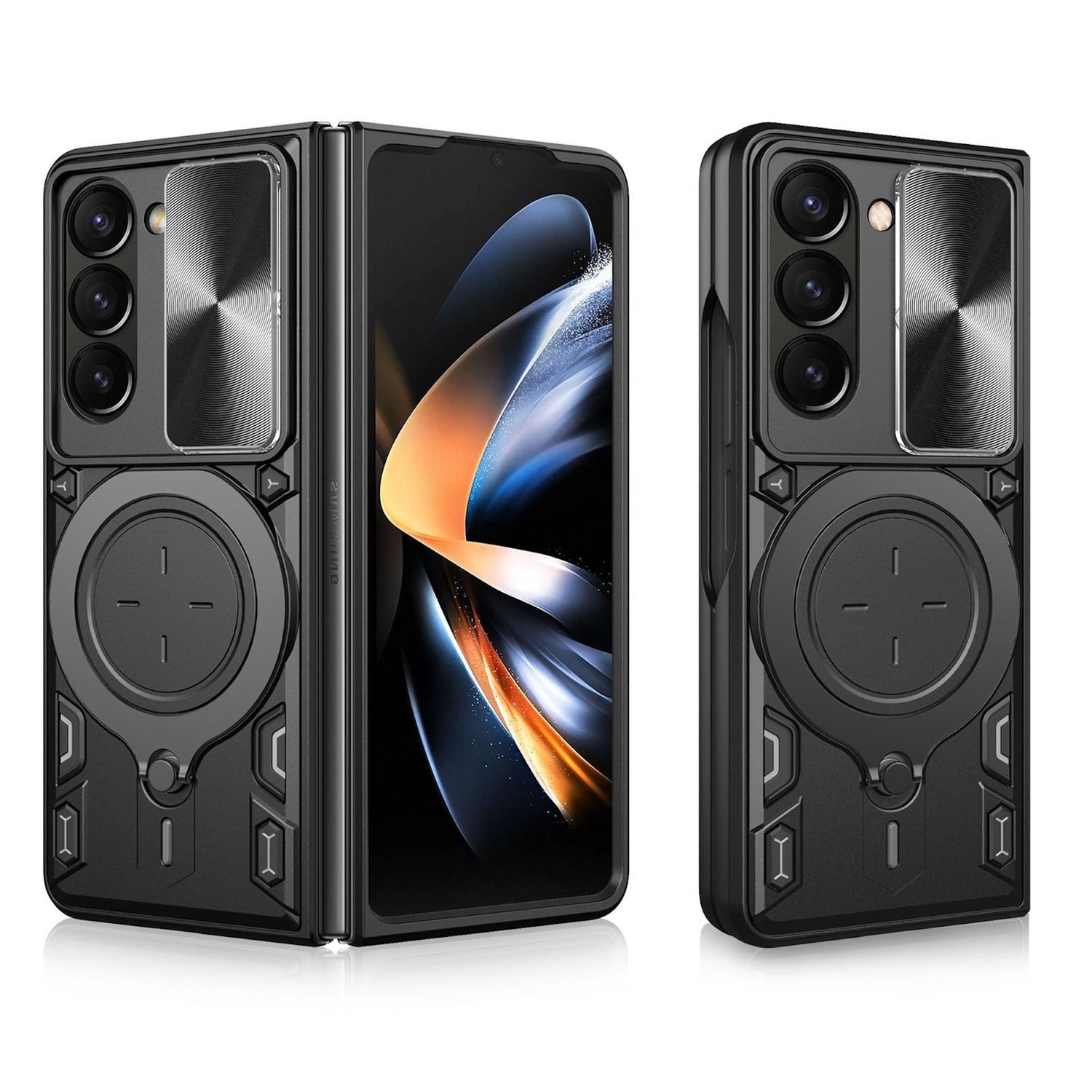 Wigento Handyhülle Für Samsung Galaxy Z Fold7 5G Sliding Kamera TPU PC Ring Hülle Schwarz, CD Texture, Schiebekameraabdeckung, Magnetischer Halter