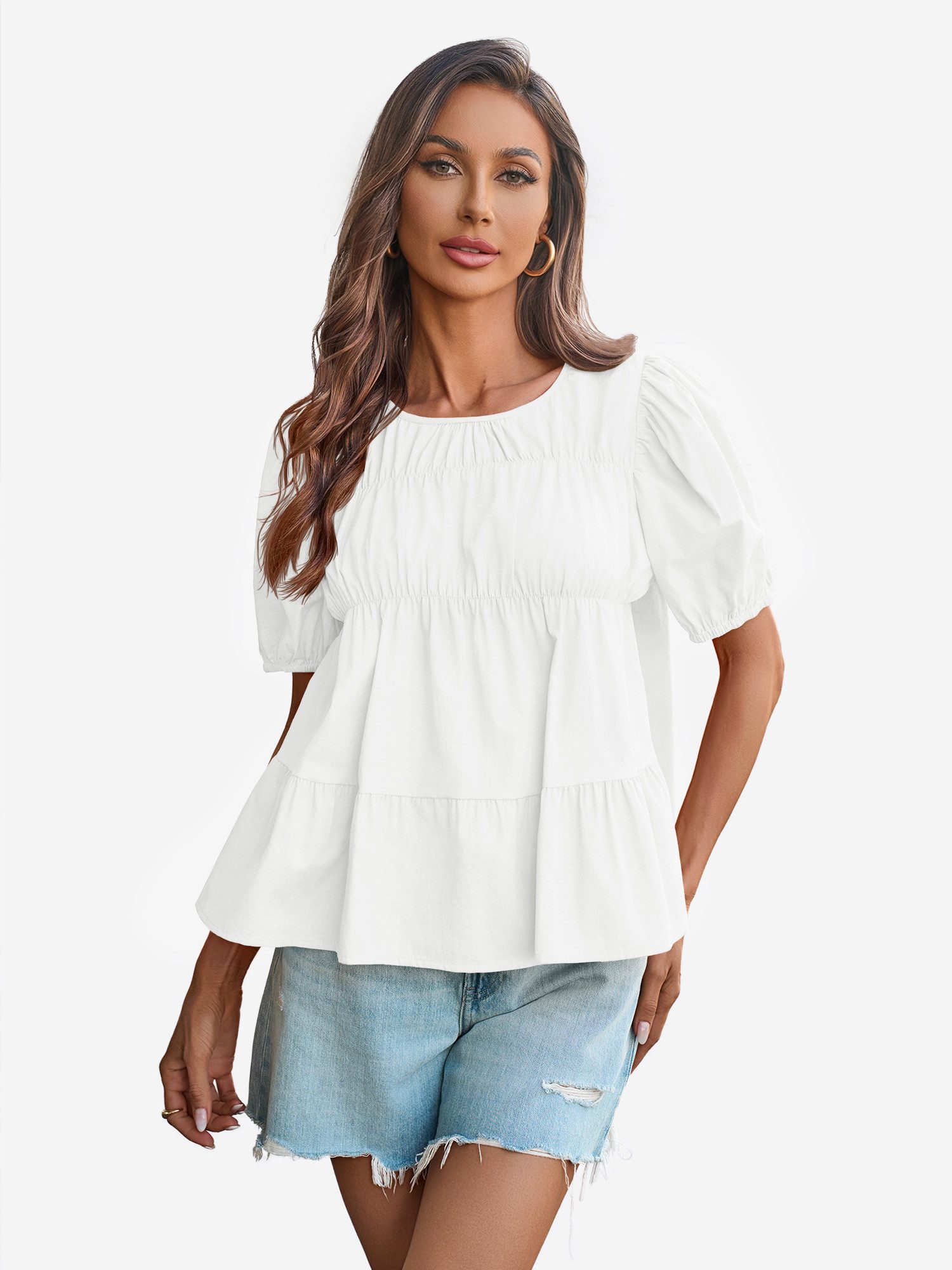 Imily Bela T-Shirt Damen Babydoll Tops mit Puffärmeln und Schößchen (Packung, 1-tlg., 1per-Pack) aus Baumwolle