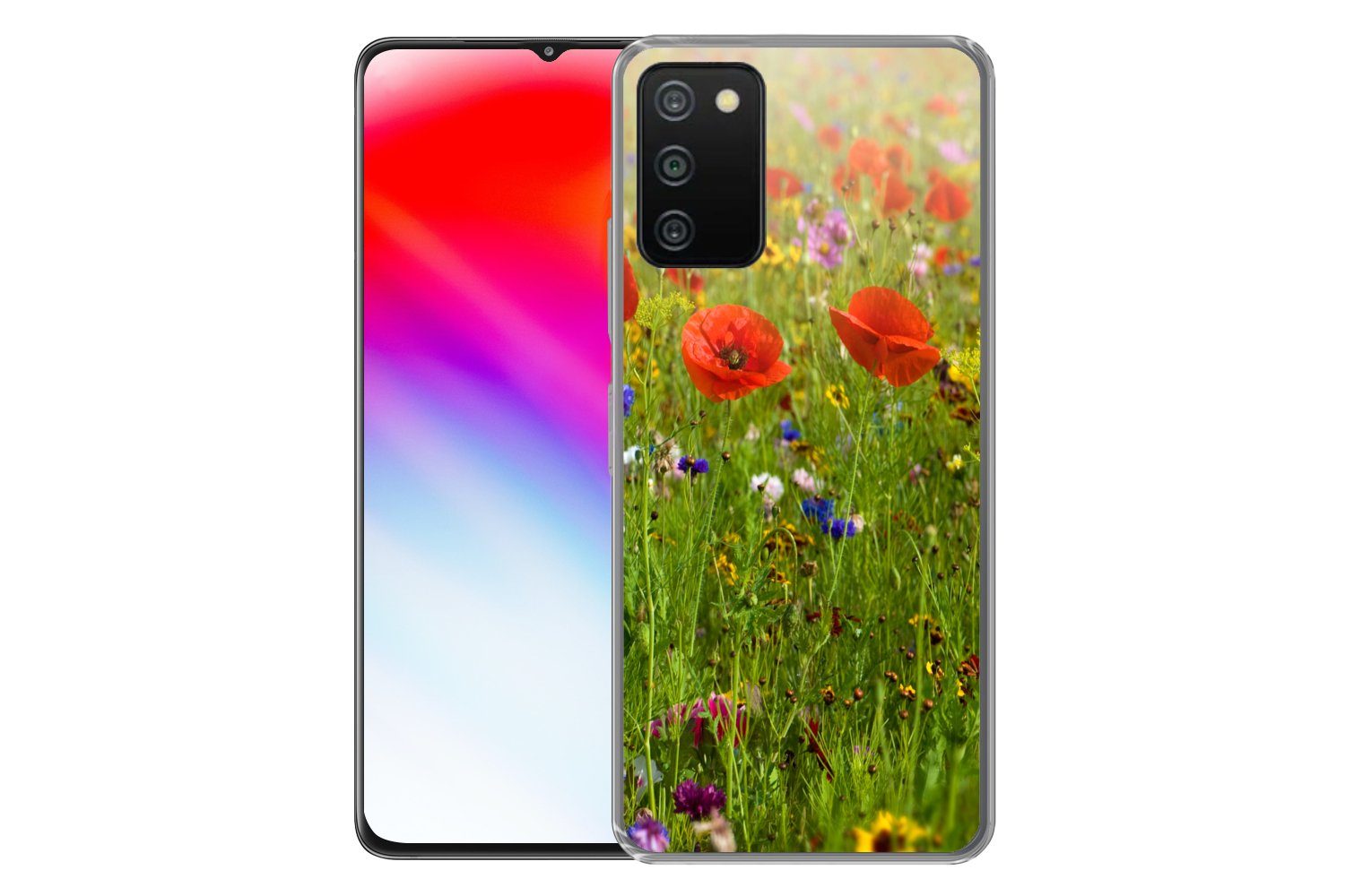 MuchoWow Handyhülle für Samsung Galaxy A03s Frühling - Blumen - Rot - Mohn - Gras - Grün, Smartphone-Bumper, Print, Handy Schutzhülle Dünn