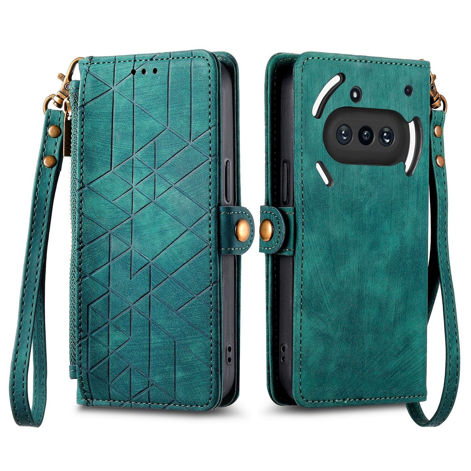 Wigento Handyhülle Für Nothing Phone 3a Kunstleder Design Zipper Book Hülle Tasche Grün, Kartenfächer, Reißverschlussfach, Standfunktion
