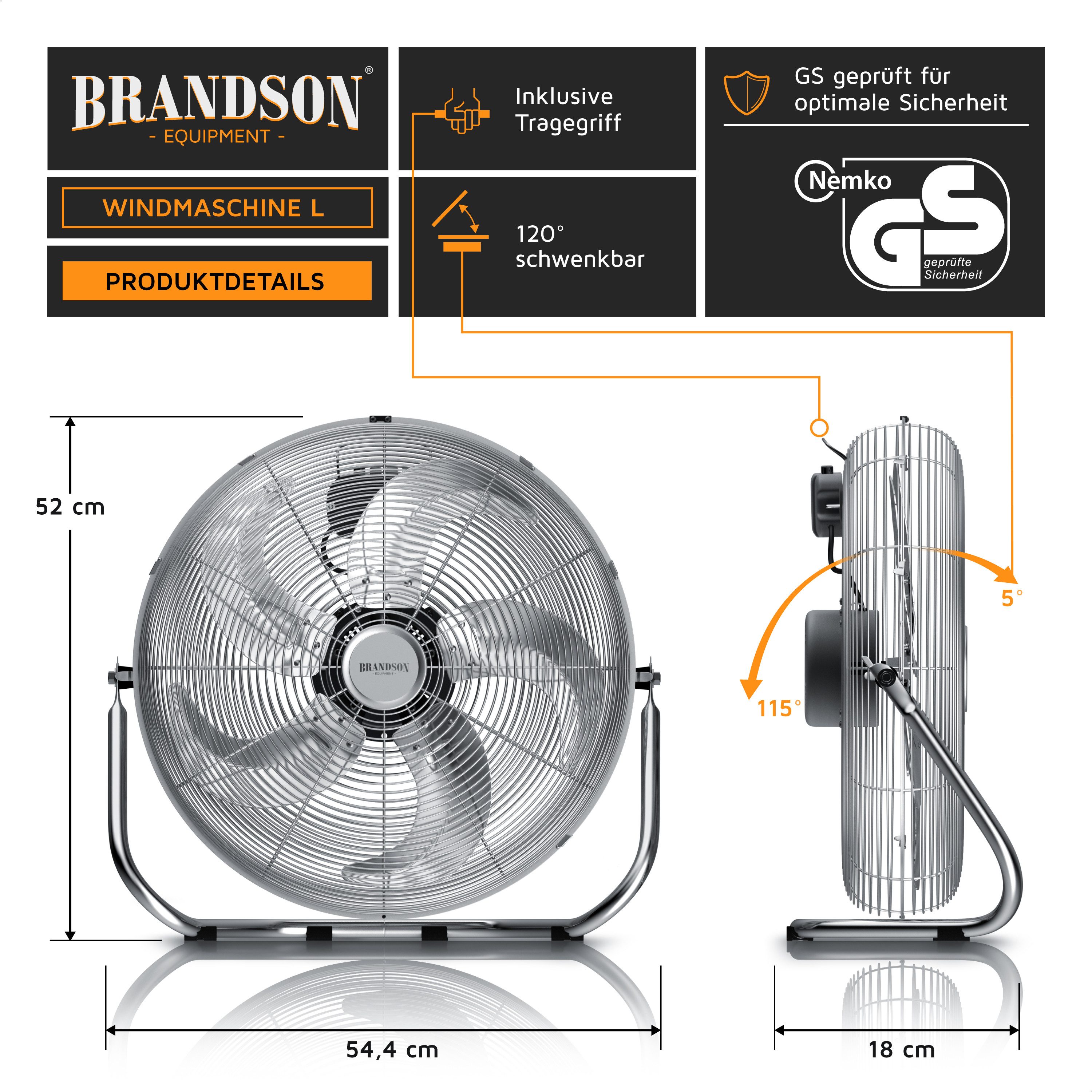 Brandson Windmaschine Chrom Bodenventilator im Retro Stil, hoher Luftdurchsatz, 120W, Silber, 50 cm Durchmesser, Preisträger 2025, robuster Stand, stufenlos neigbar, GS-Geprüft