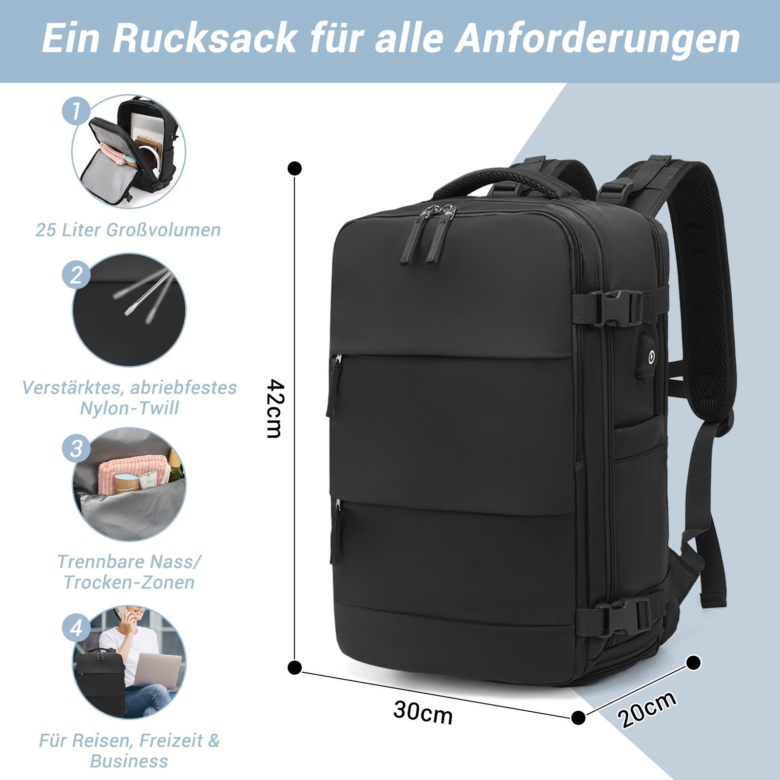 KONO Reiserucksack Handgepäck Laptop Rucksack 42x30x20,25L mit Schuhfach für Reisen&Sport – Bild 2 von 5