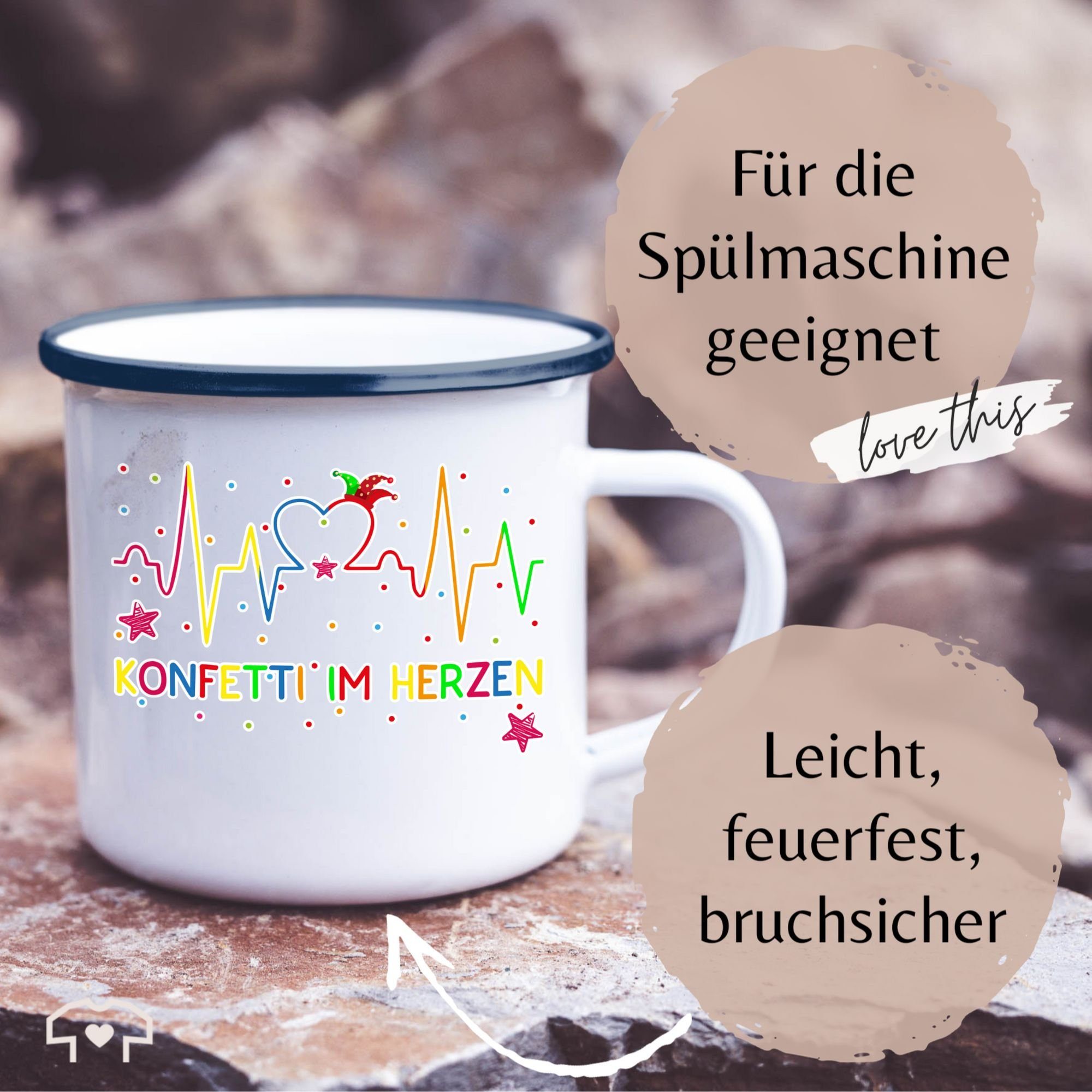Shirtracer Tasse Konfetti im Herzen Deko Stahlblech, Weiß Köln Karneval, Blau Karneval Herzschlag - und 2 Fasching