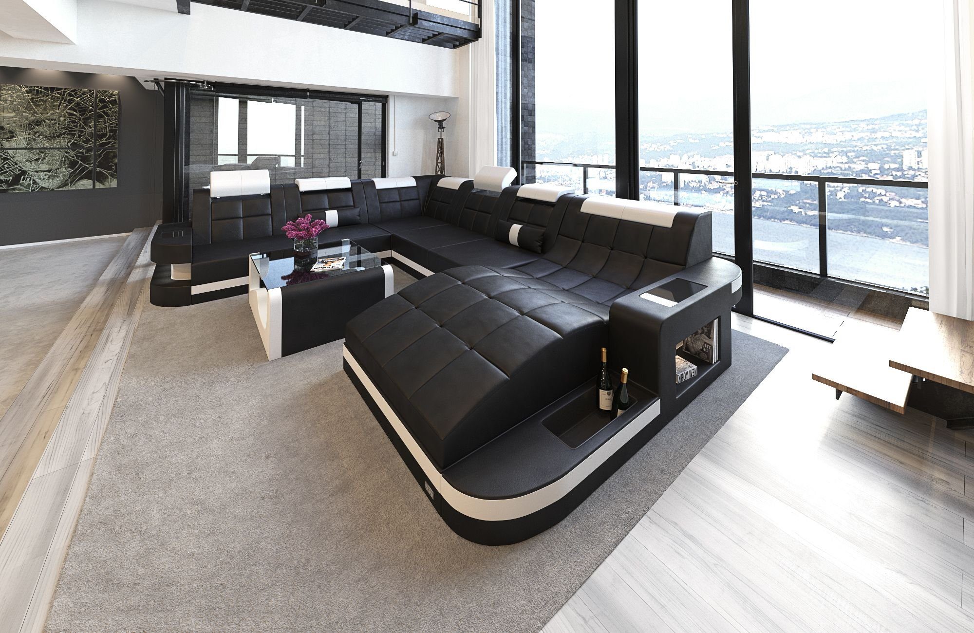 Sofa Dreams Wohnlandschaft Leder Sofa Ledercouch Wave XXL Ledersofa, Couch, mit ergonomischen Ottomane und LED Beleuchtung