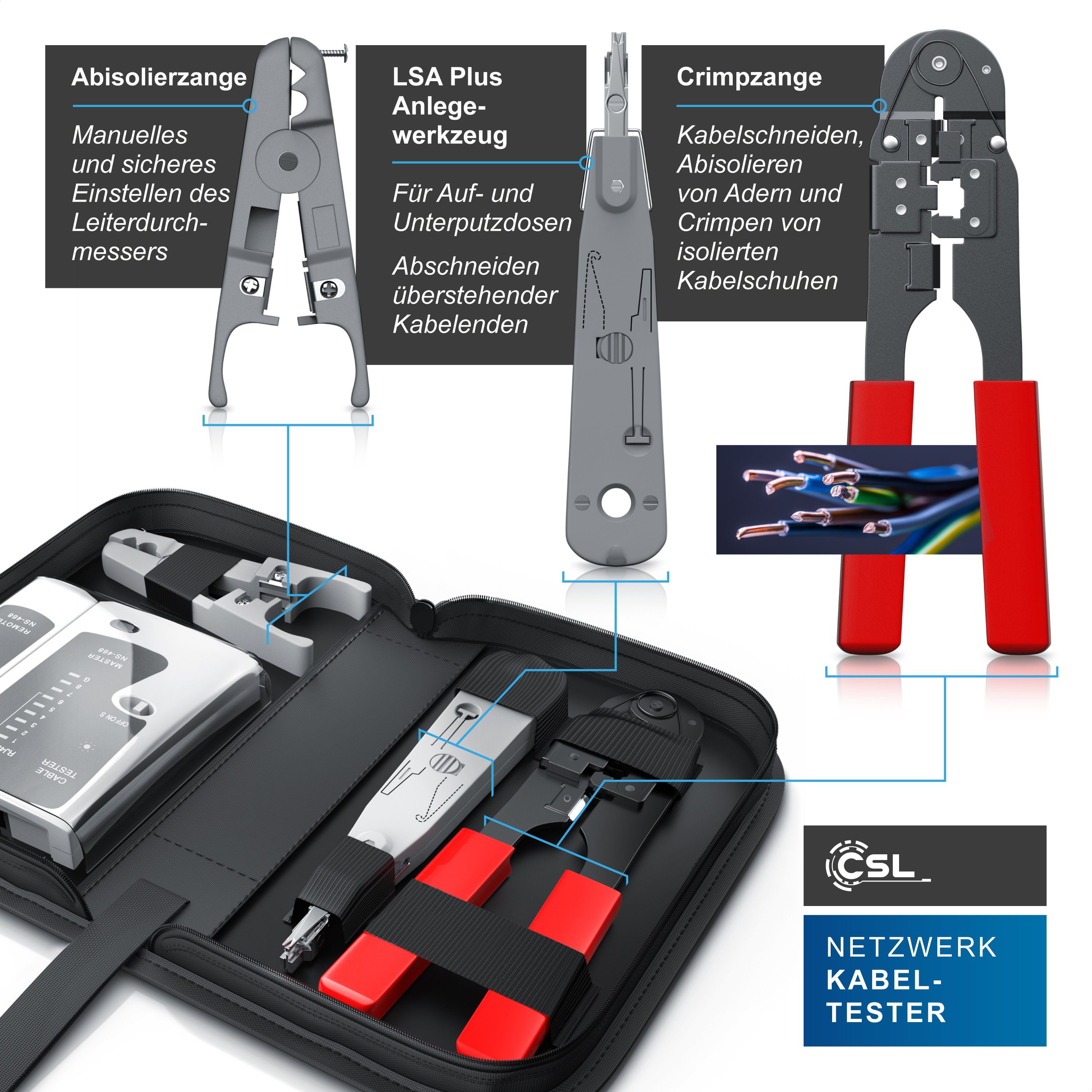 CSL Netzwerk Kabeltester für RJ45, RJ11, Telefon & Netzwerk mit Zubehör Netzwerk-Adapter RJ-45 (Ethernet) zu RJ-11, 2x RJ45, Leitungstester, Patchkabel-Tester,  – Bild 4 von 5