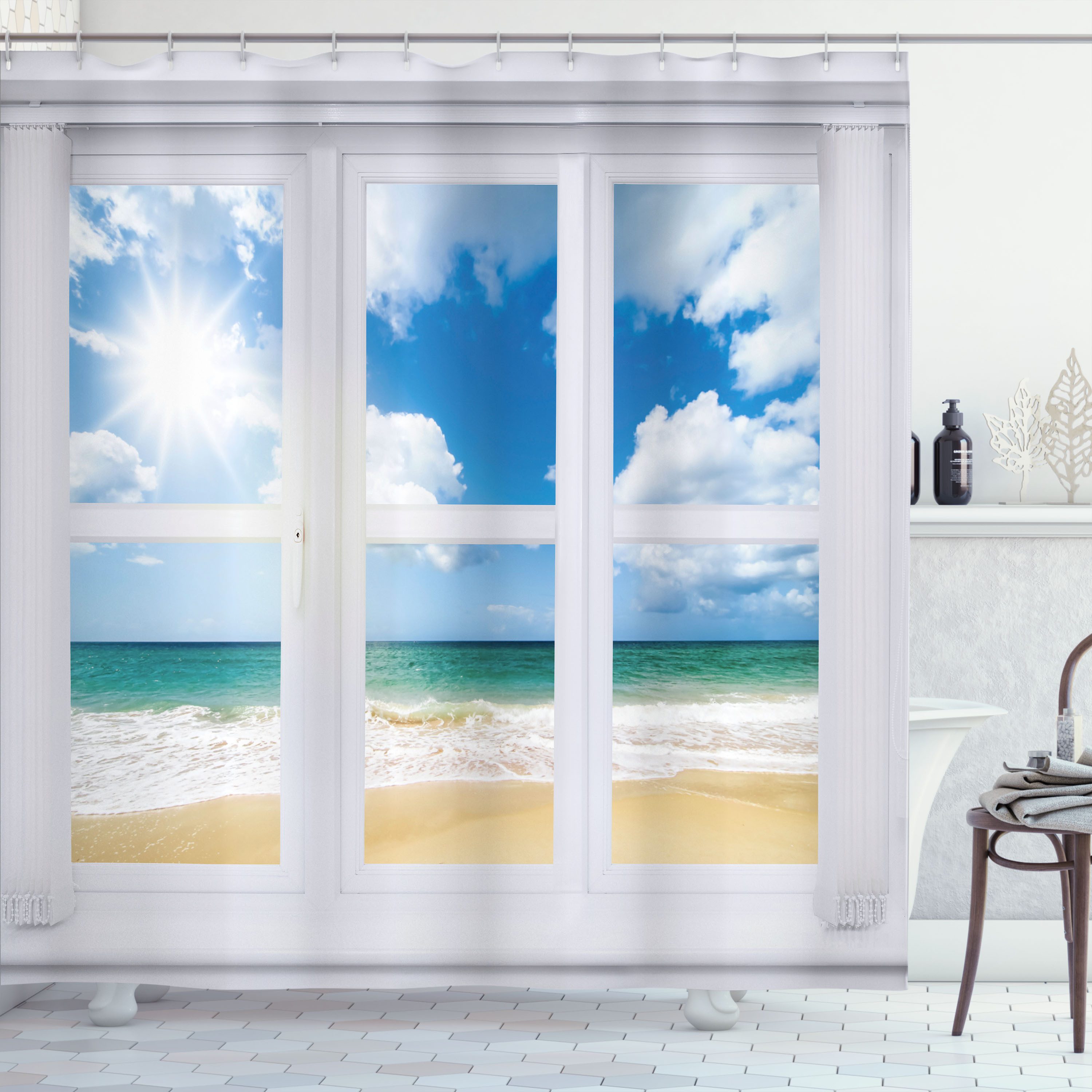Abakuhaus Duschvorhang Moderner Digitaldruck mit 12 Haken auf Stoff Wasser Resistent Breite 175 cm, Höhe 200 cm, Strand Ocean View Vivid Sun