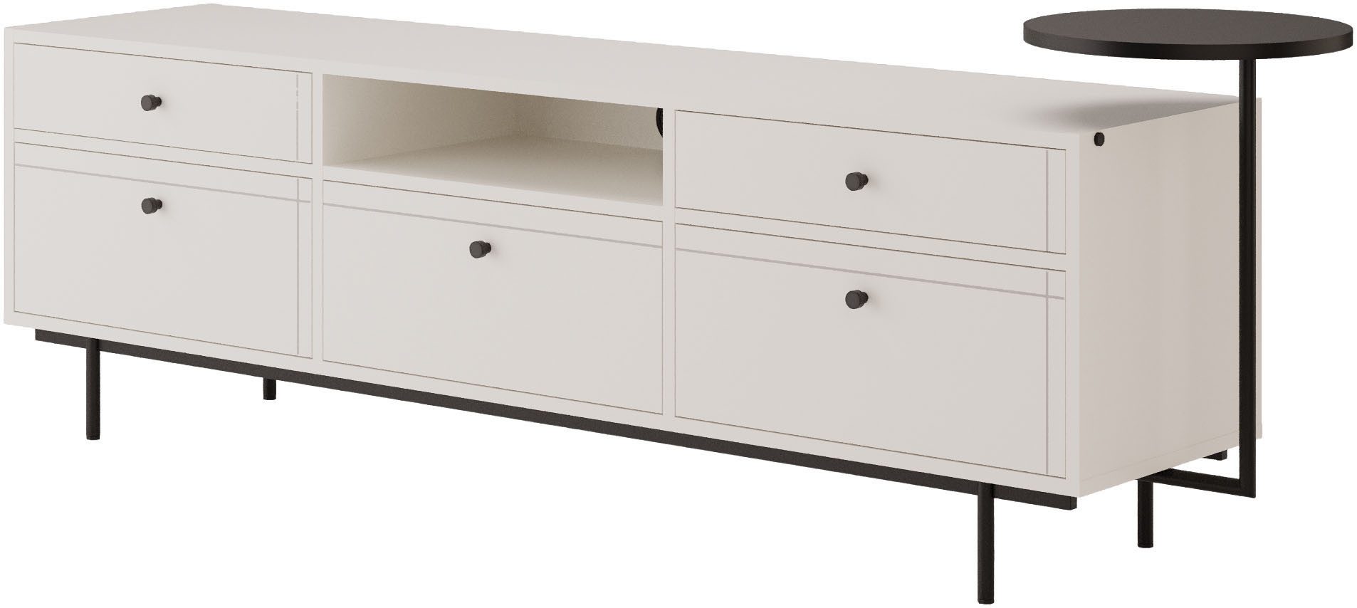 Home affaire Wohnwand Arrocco: 5-teilige Wohnwang, Wohnzimmer, viel Stautraum,5 Schubladen, (5-St., TV Schrank, 2xRegal, 2x Wandboard), Design-Set mit schwarzen Akzenten, z. B. Griffen & Kabeldurchführung