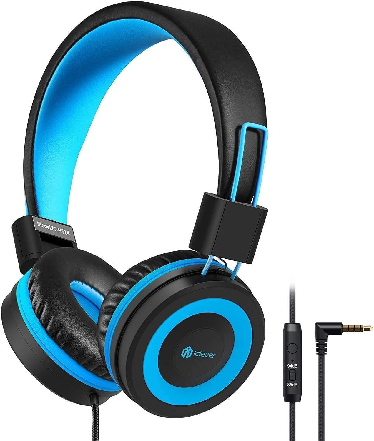 iclever HS14 On-Ear-Kopfhörer (Verstellbares Stirnband, Stereo Sound, Faltbare, 85/94dB Volume Limited) Blau Schwarz