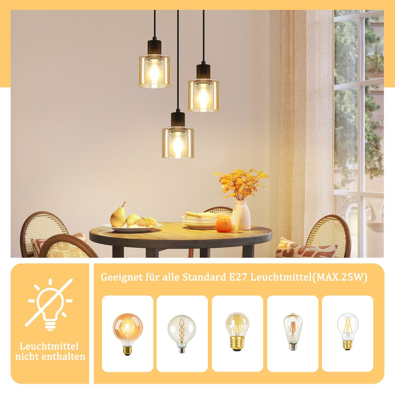 ZMH Pendelleuchte Esstischlampe Hängend Hängeleuchte Schwarz/Berstein - E27 Vintage Flur, Einfache Installation, ohne Leuchtmittel, Höhenverstellbar für Hotel Büro Vintage Esszimmerlampe