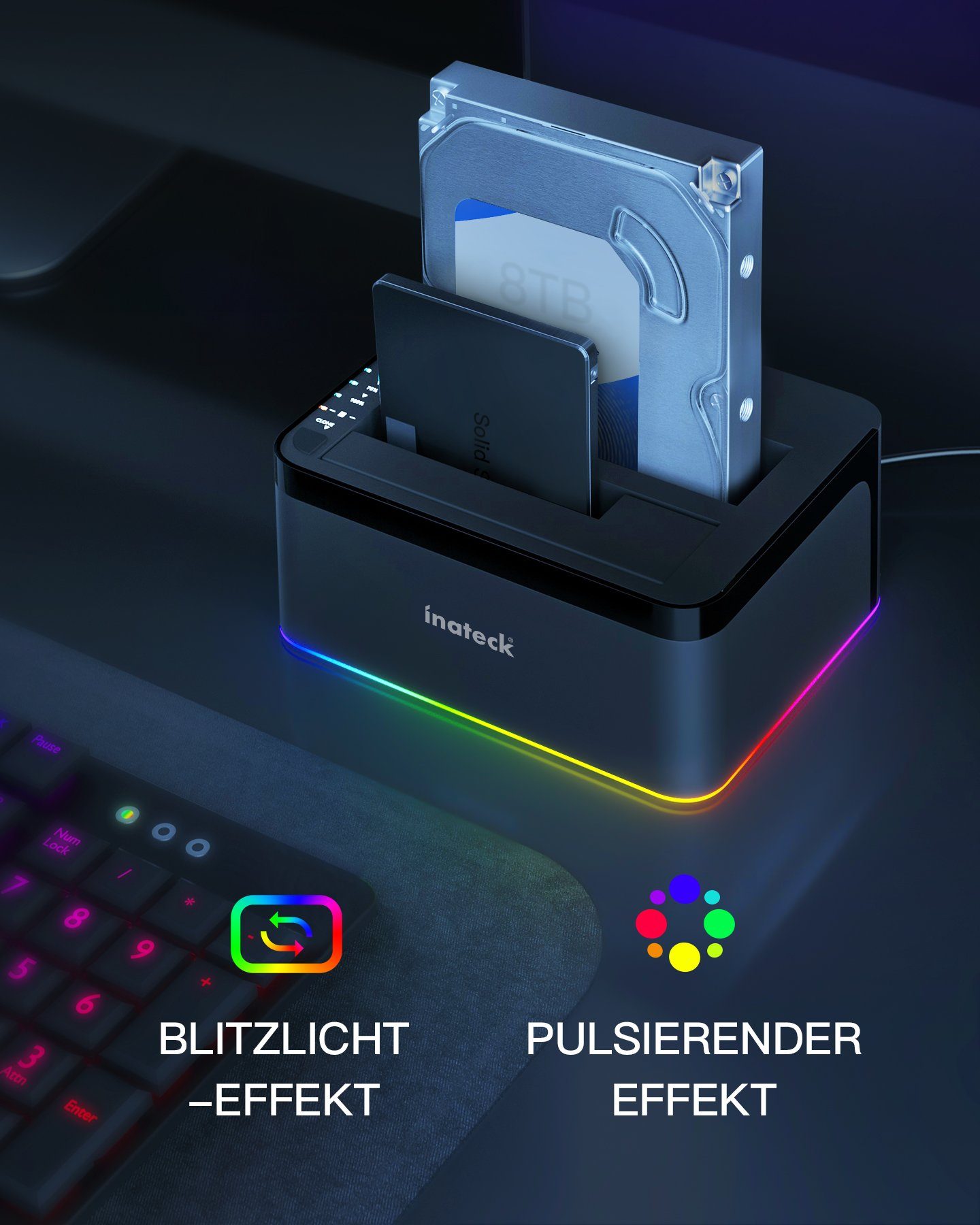 Inateck Festplatten-Dockingstation RGB USB 3.0 für 2.5/3.5 Zoll SATA HDDs, Unterstützt UASP, HDD/SSD Offline-Klonen