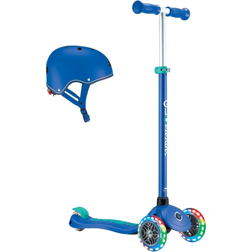 Globber Tretroller Primo Plus Lights Roller Set inkl. Helm XXS/XS 45-51cm LED Kinderoller, verstärktes Deck mit Antirutsch-Trittfläche, mit LED-Rücklicht