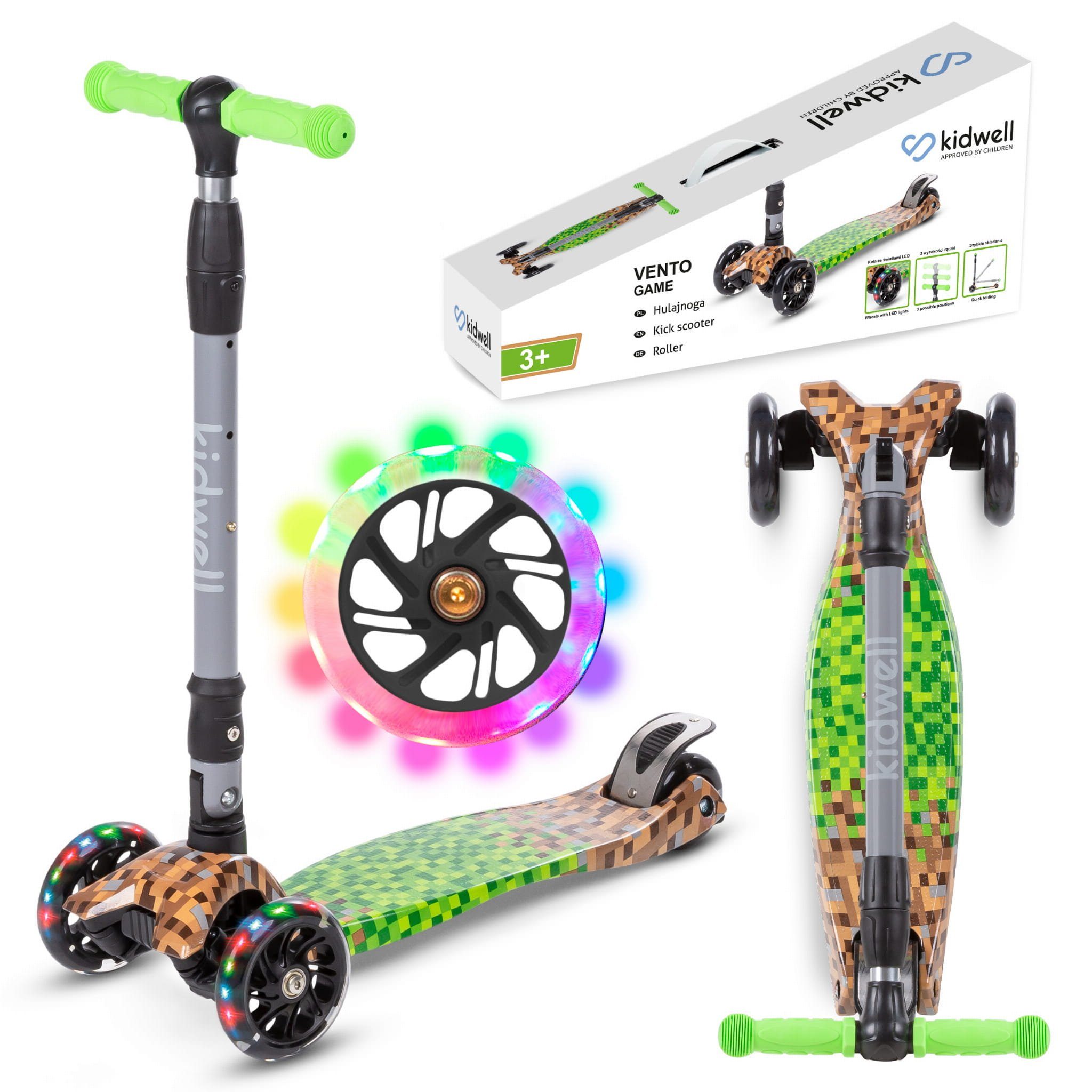 LeNoSa Dreiradscooter Tretroller für Kinder • Balance Dreirad-Scooter•  Minecraft Design, faltbar