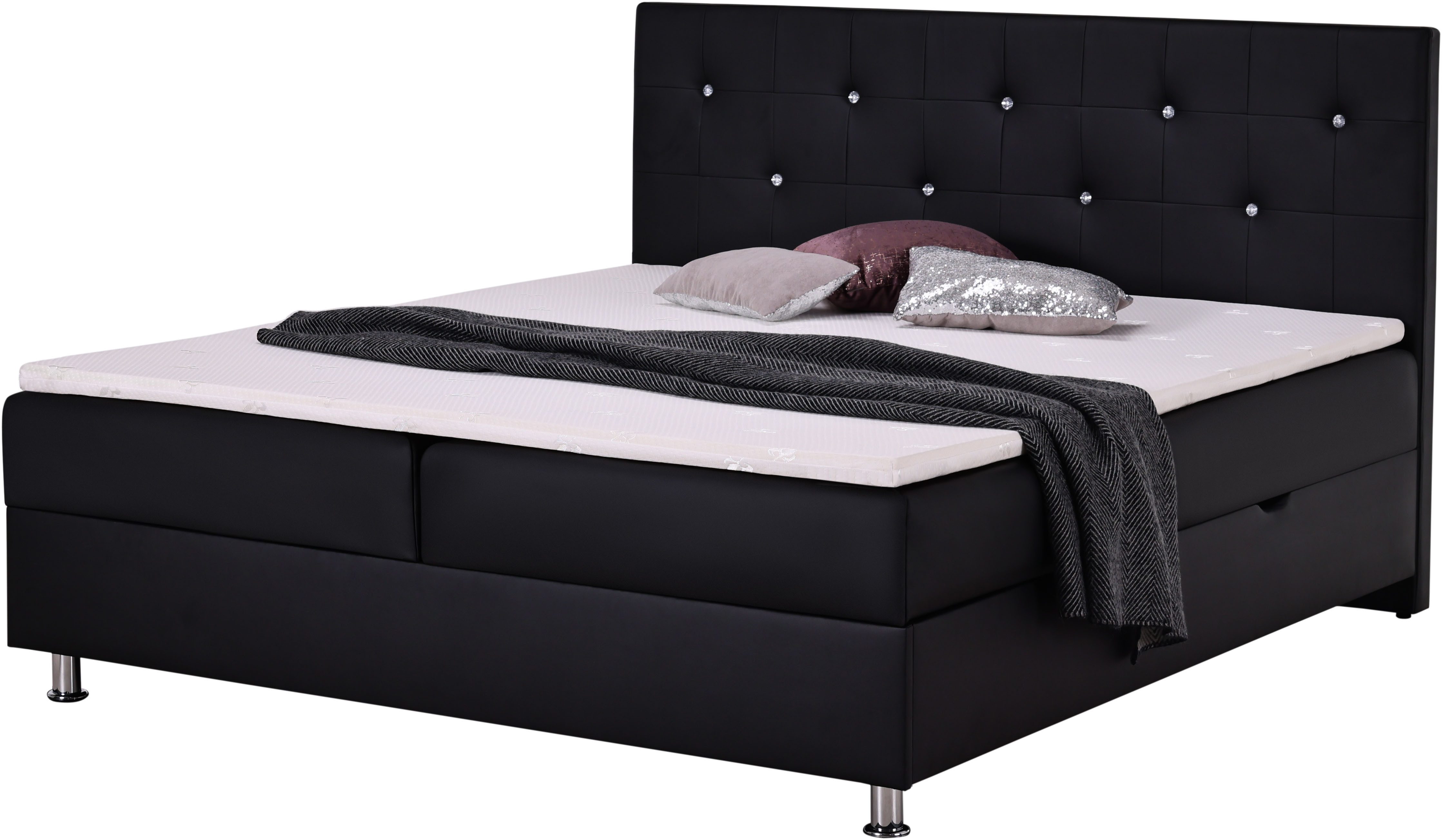 Home affaire Boxbett Big Noux aus schwarzem Kunstleder mit Kristallsteinen im Kopfteil, inkl. Bettkasten, erhältlich in der Größe 180x200cm