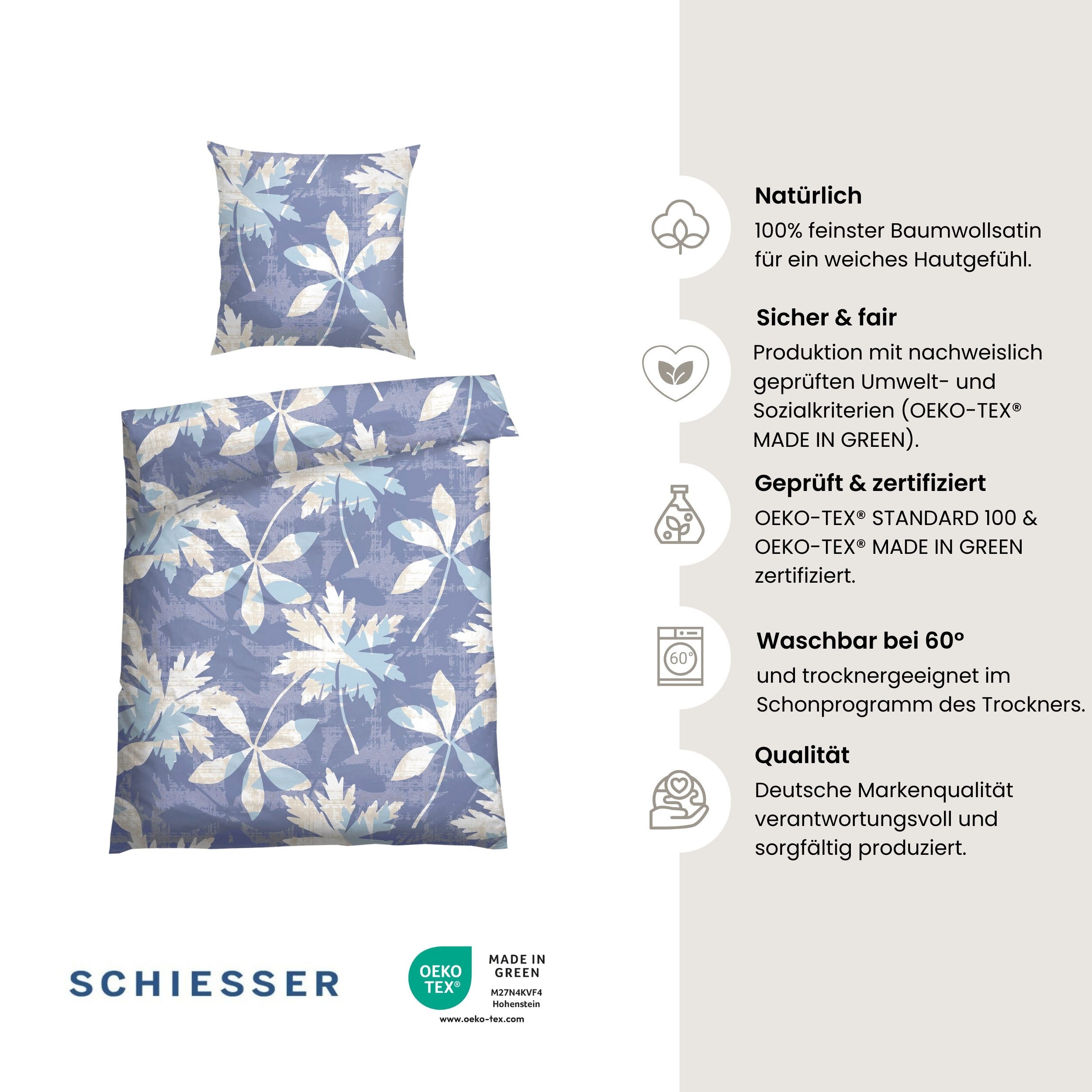 Schiesser Bettwäsche Vera aus weichem Baumwoll-Satin mit floralem Muster, Satin, 2 teilig, Made in Green by Oeko-Tex