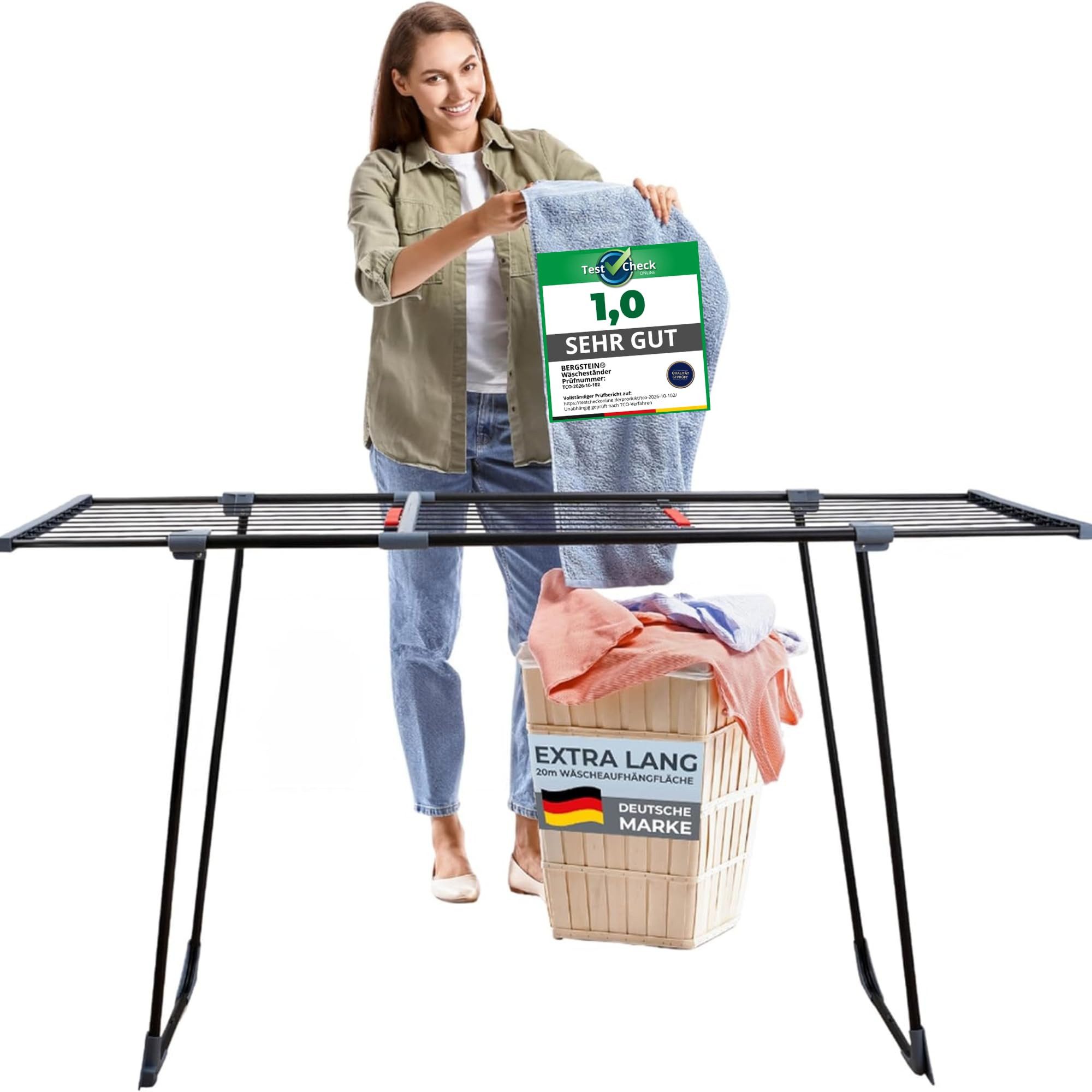 Bergstein Wäscheständer ausziehbar [20 m Trockenfläche] schwarz 110-200 cm XXL klappbar, Made in Europe, ausziehbar 110-200 cm, bis 20 kg, nur 6 cm flach