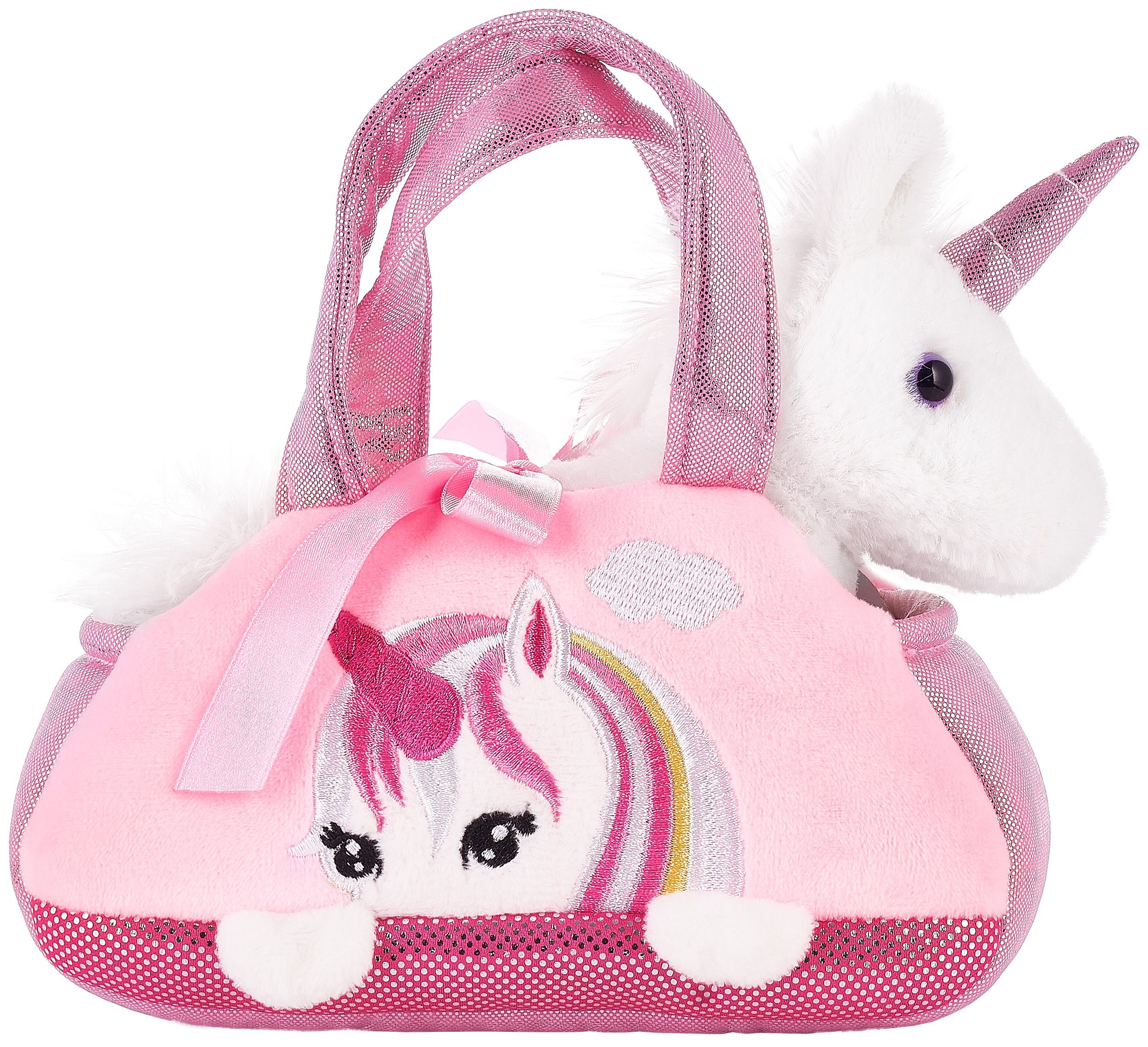 BRUBAKER Kuscheltier Einhorn Tasche Weiß 20 cm (1-St., Plüschtier in Handtasche), Glitzer Stofftier