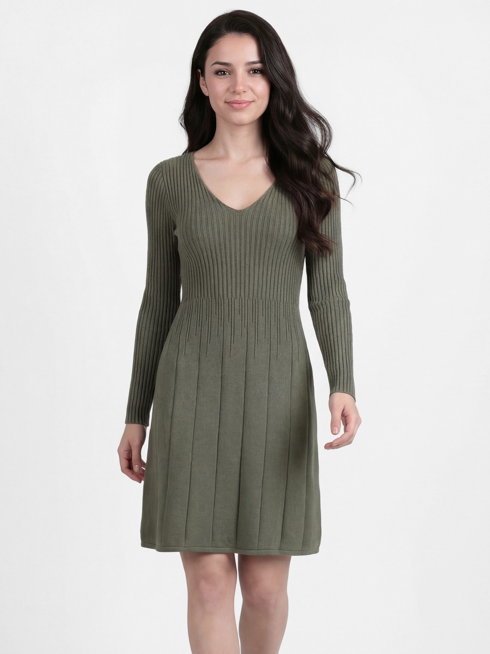 PEKIVESSA Strickkleid Kurzes Ripp-Strickkleid tailliert mit feminin tiefem V-Ausschnitt