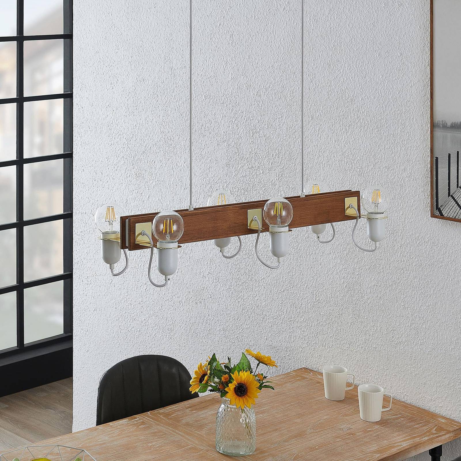 Lucande Hängeleuchte Becky, Holz Weiß IP20, 6 x 60 W