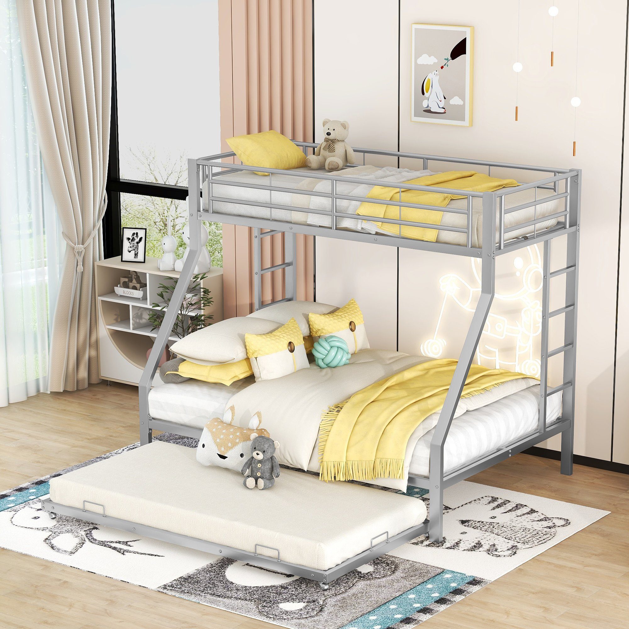 OKWISH Etagenbett Metallbett mit ausziehbarem Bett 90(140)x200cm (mit ausziehbarem Bett,mit Leiter auf beiden Seiten), Ohne Matratze Silber