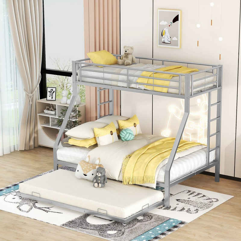 OKWISH Etagenbett Metallbett mit ausziehbarem Bett 90(140)x200cm (mit ausziehbarem Bett,mit Leiter auf beiden Seiten), Ohne Matratze