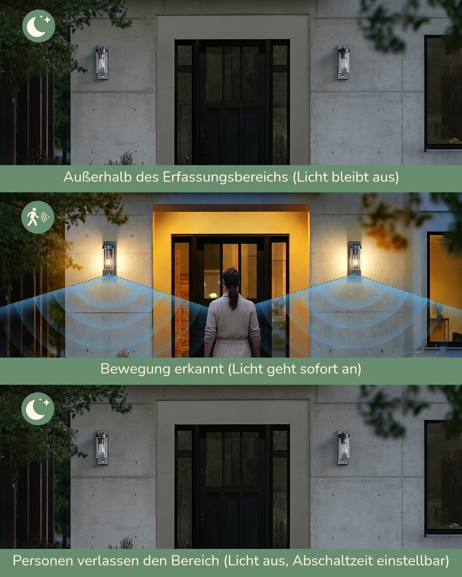 EDISHINE Außen-Wandleuchte mit Bewegungsmelder, ohne Leuchtmittel, Moderne Wandlampe mit Dämmerungssensor, für Haustür, Terrasse, Garage – Bild 5 von 5