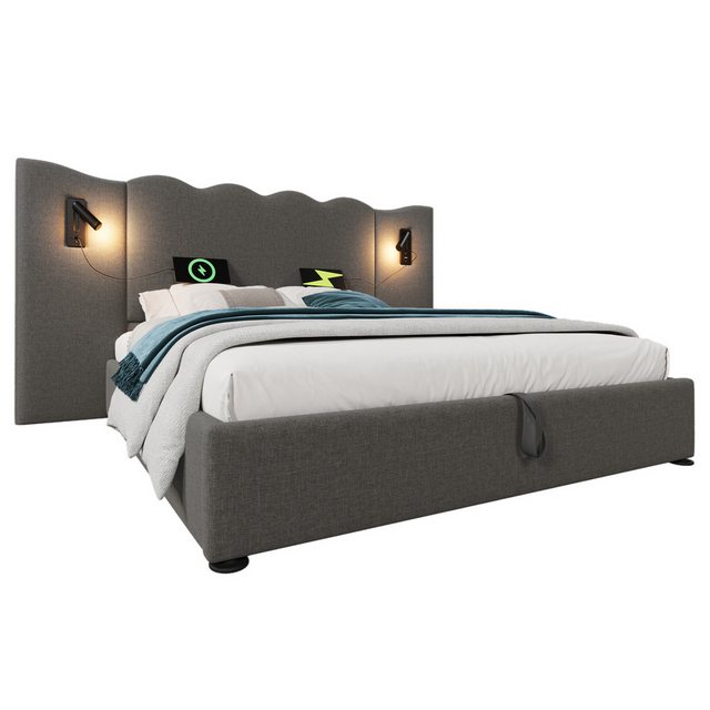 VISTEFLY Polsterbett Doppelbett 180cm, USB-Ladung & Leselampe, Grau Leinen günstig online kaufen