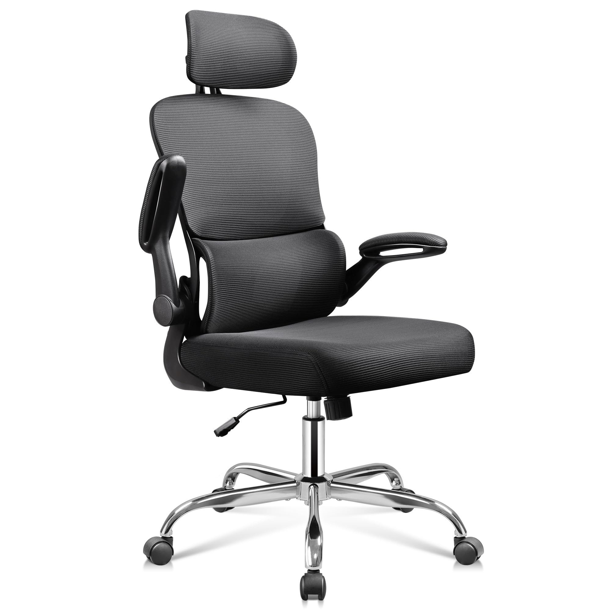 DEVAISE Bürostuhl Ergonomischer Drehstuhl mit 3D-Kopfstütze, Lordosenstütze (90° klappbaren Armlehnen), Mesh-Rücken, Wippmechanik 90–125°, bis 136 kg