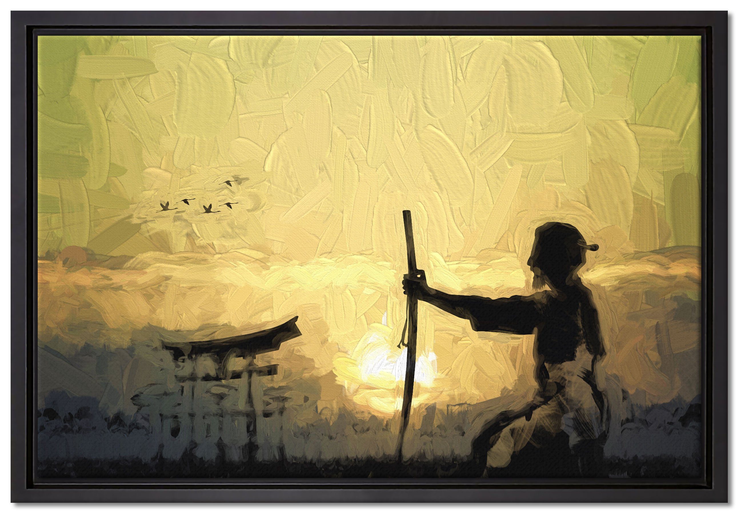 Pixxprint Leinwandbild Samurai-Meister vor Horizont, Wanddekoration (1 St), Leinwandbild fertig bespannt, in einem Schattenfugen-Bilderrahmen gefasst, inkl. Zackenaufhänger