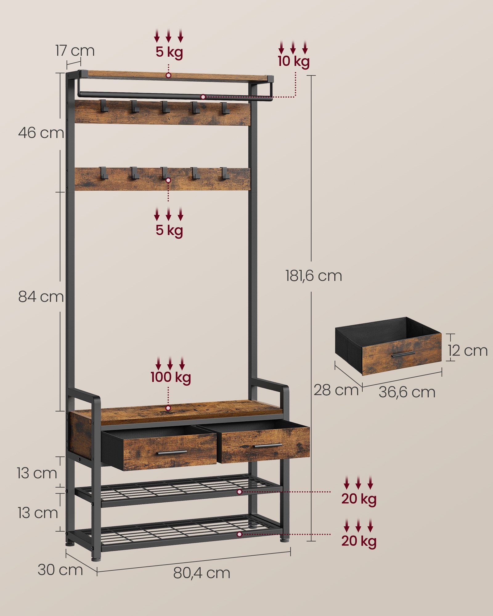 VASAGLE Garderobenständer Garderobe mit Schuhbank, mit Haken und offenen Fächern, 2 Schubladen aus Stoff – Bild 5 von 5