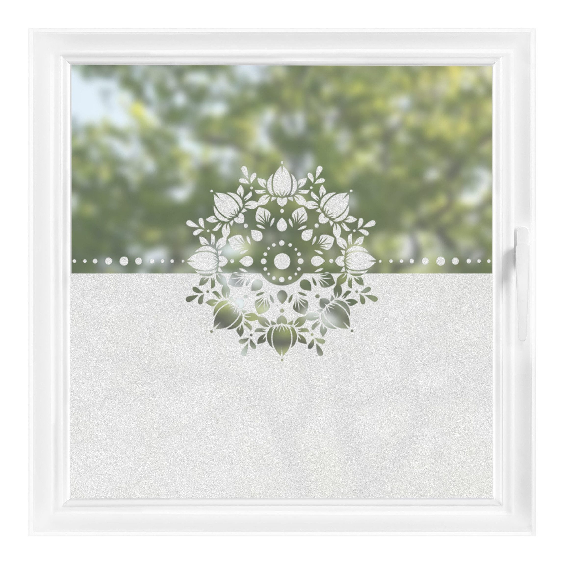 Bilderdepot24 Fensterfolie statisch haftend Motiv Fensterdeko Lotus Mandala Bordüre Punkte Muster, blickdicht, Innen Fenster Tür Balkontür Küche Badezimmer Wohnzimmer Schlafzimmer