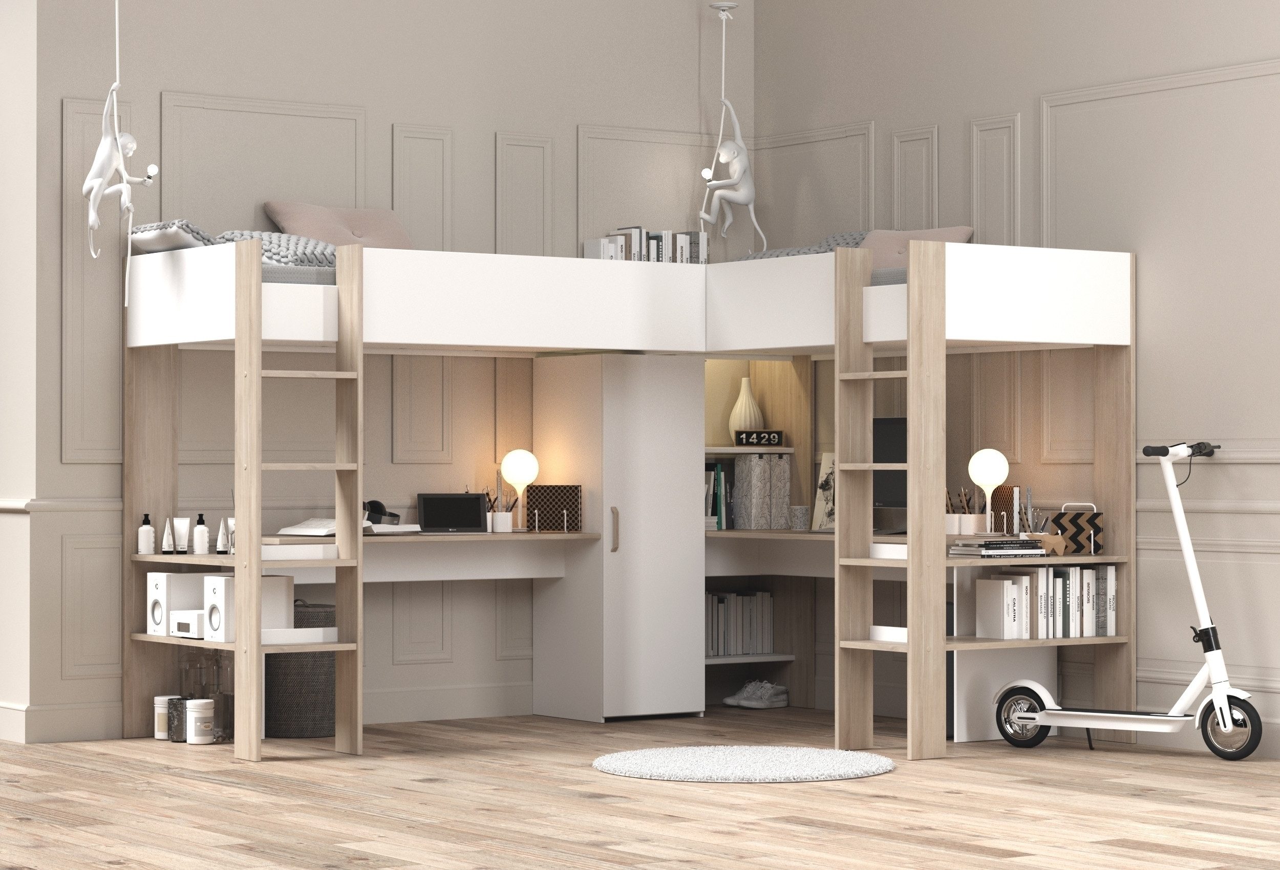 Parisot Hochbett Alex in Weiss / Jackson Eiche Dekor - 232x296x180cm (LxBxH)