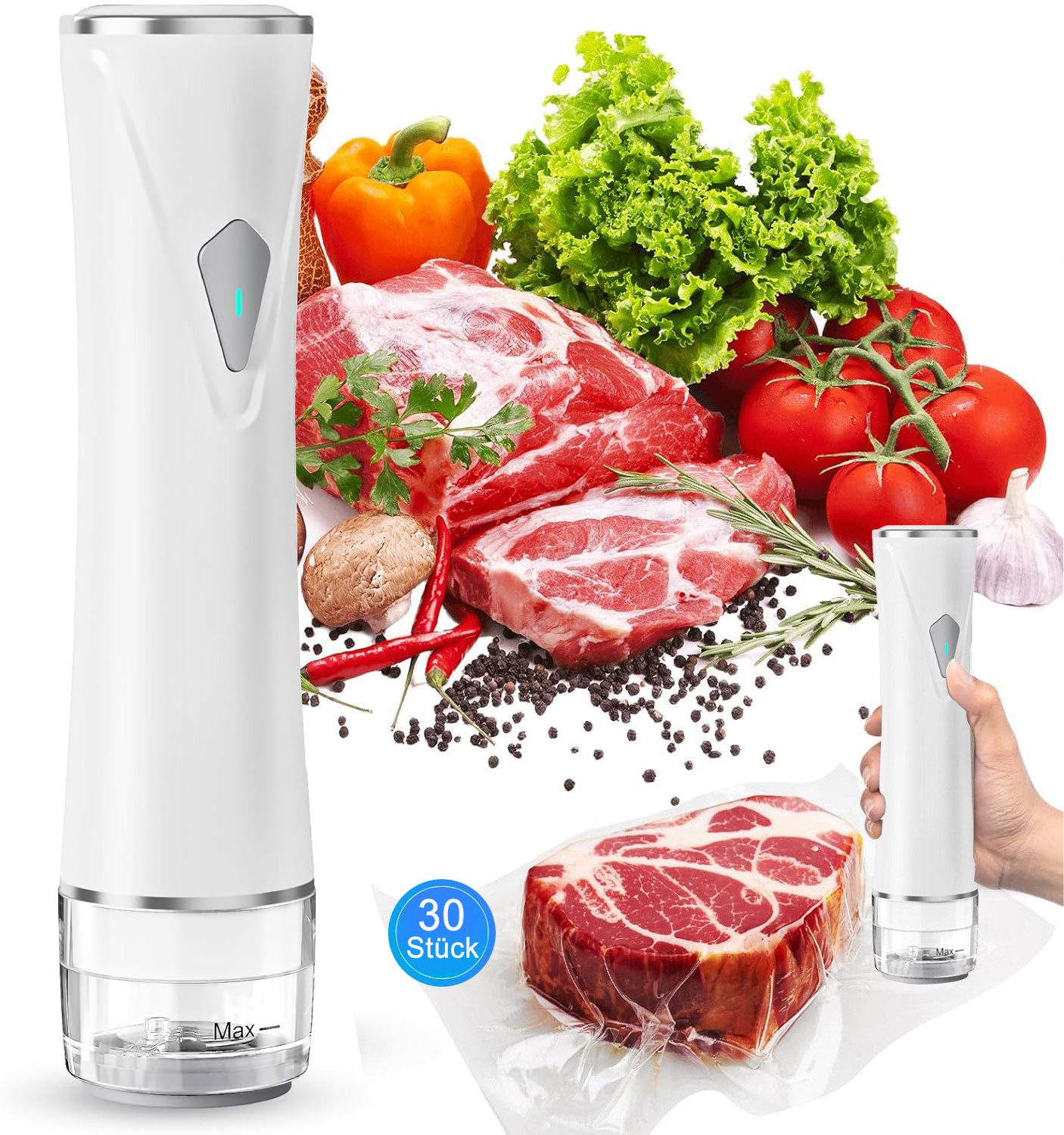 poweradd pro Vakuumierer Klein, Handvakuumierer mit 30 wiederverwendbaren Beuteln, 60 kPa Saugkraft, kompakter Handvakuumierer für Zuhause & Reisen