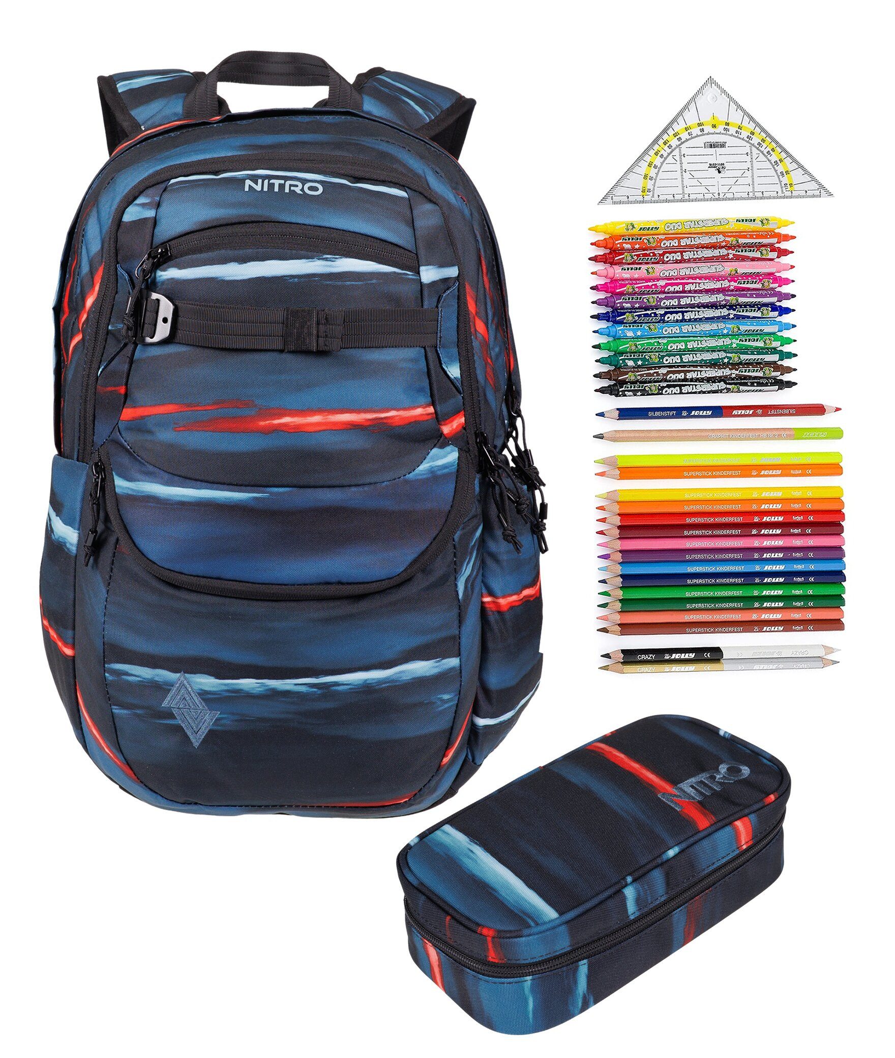 NITRO Schulrucksack NITRO Schulrucksack Jungen Mädchen Future Hero Rucksack (3 Teile Set, inkl. Mäppchen Box, inkl. Mäppchen Füllung 31 Teile), Schulmappe Laptopfach 2 Hauptfächer Daypack Auswahl rmv