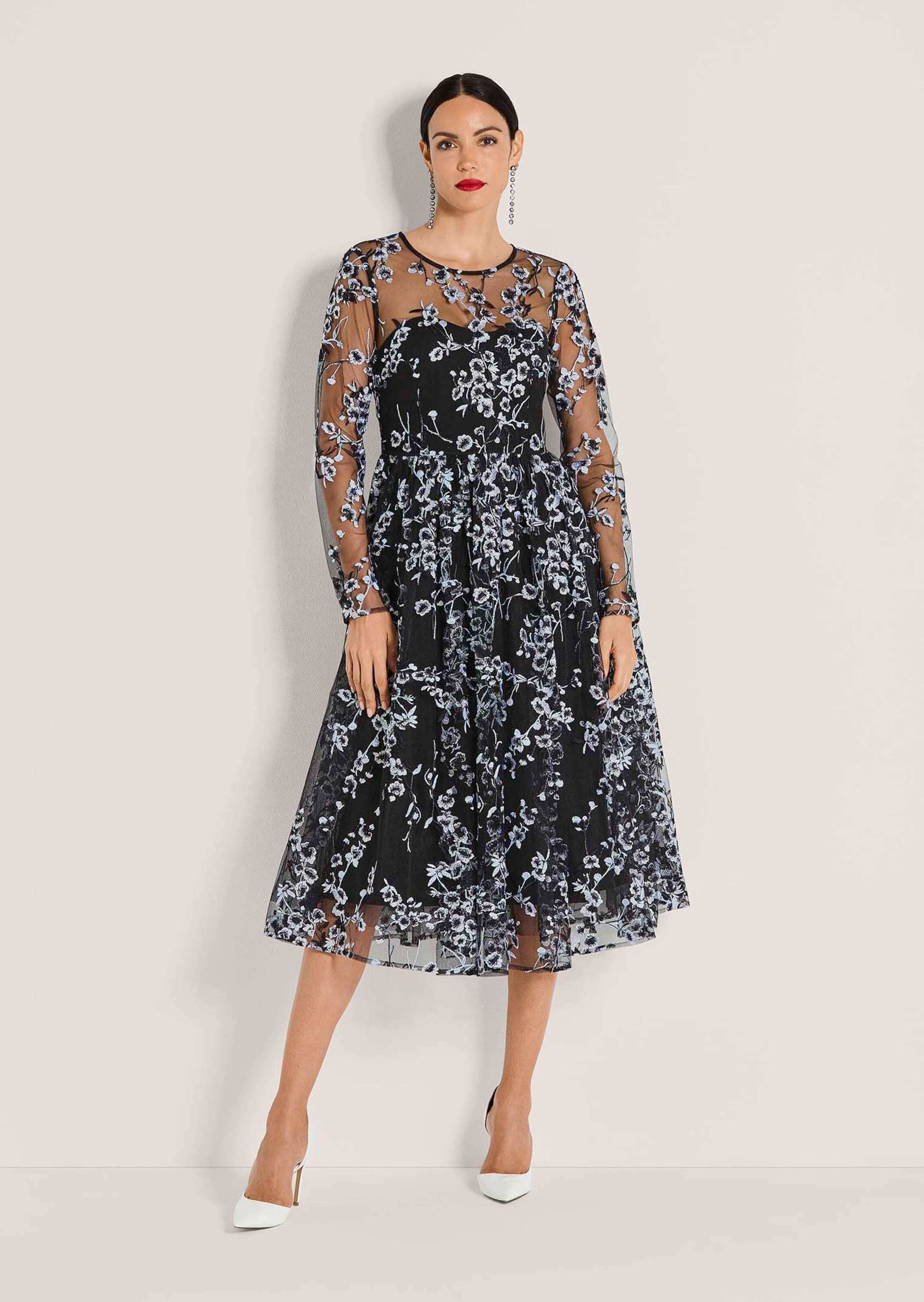 MADELEINE Midikleid Etuikleid mit Blumenmuster Eventkleid mit Rundhals, Knielänge und Langarm