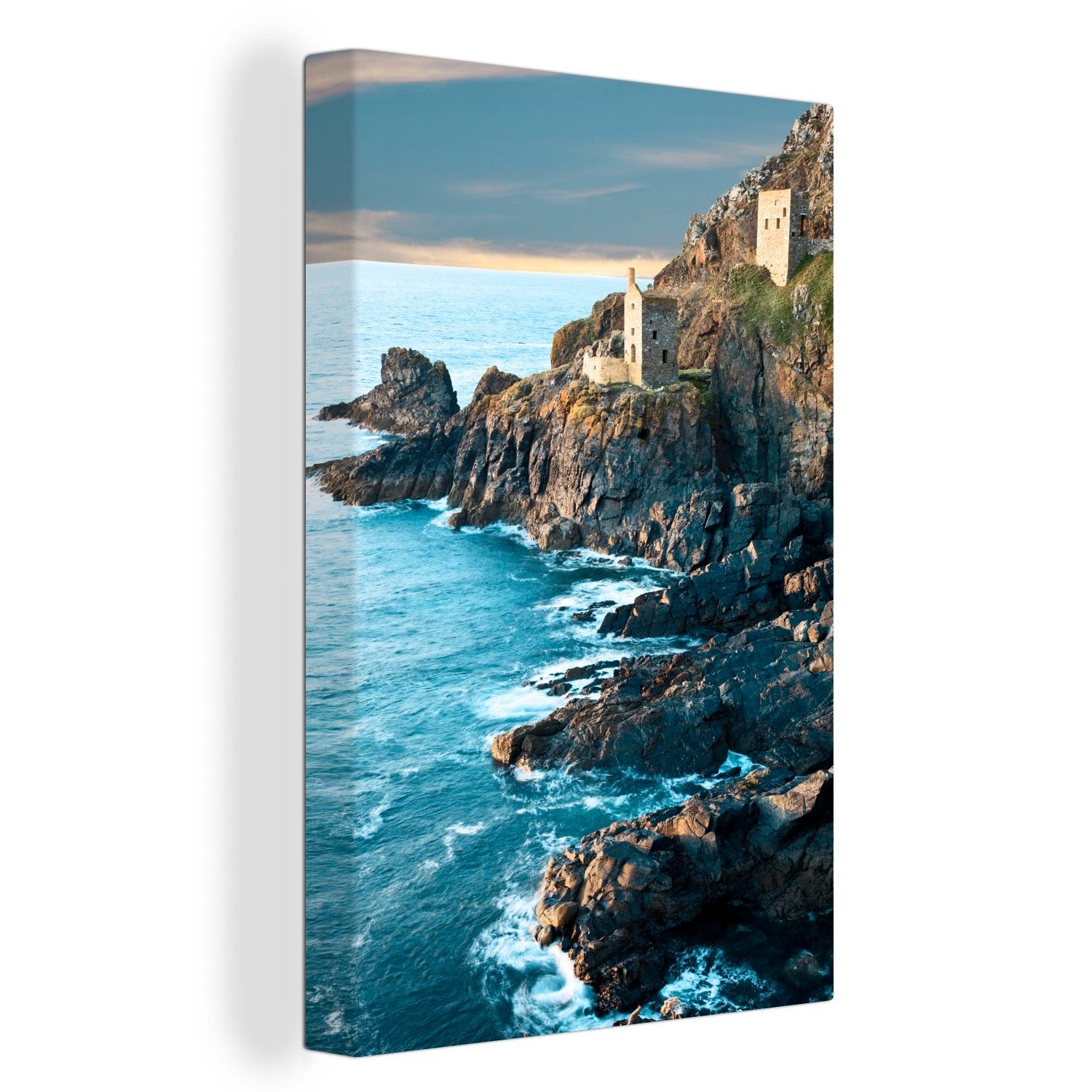 OneMillionCanvasses® Leinwandbild Das Meerwasser fließt gegen die Felsen von Cornwall, (1 St), Leinwandbild fertig bespannt inkl. Zackenaufhänger, Gemälde, 20x30 cm