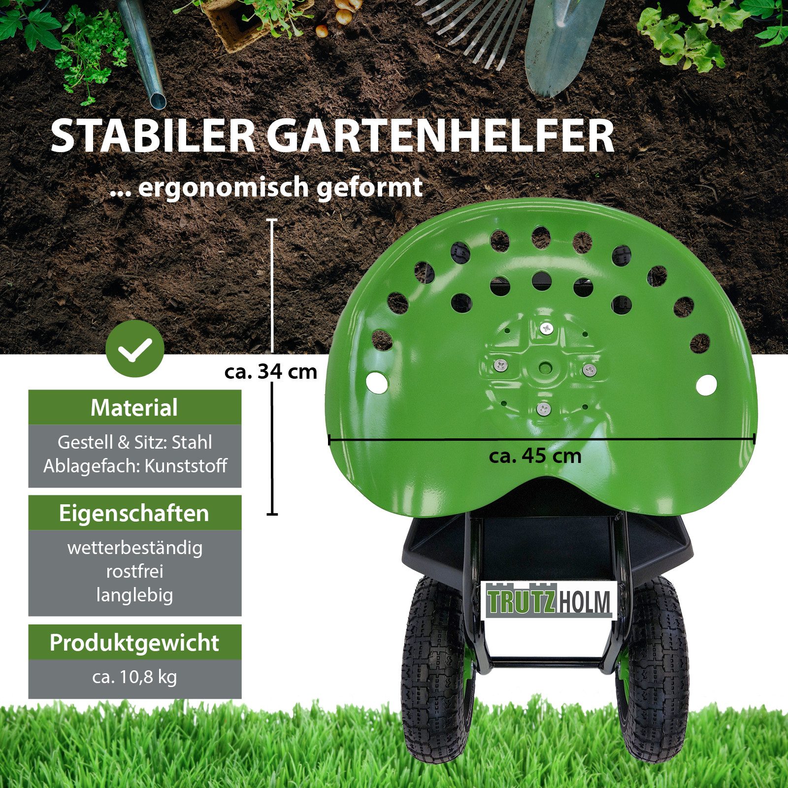 TRUTZHOLM Rollsitz Gartenscooter mit Ablage Stahl 150 kg Sitzhöhe 44-52 cm Schwarz-grün, Sitz 360° drehbar, höhenverstellbarer Sitz,Lufträder