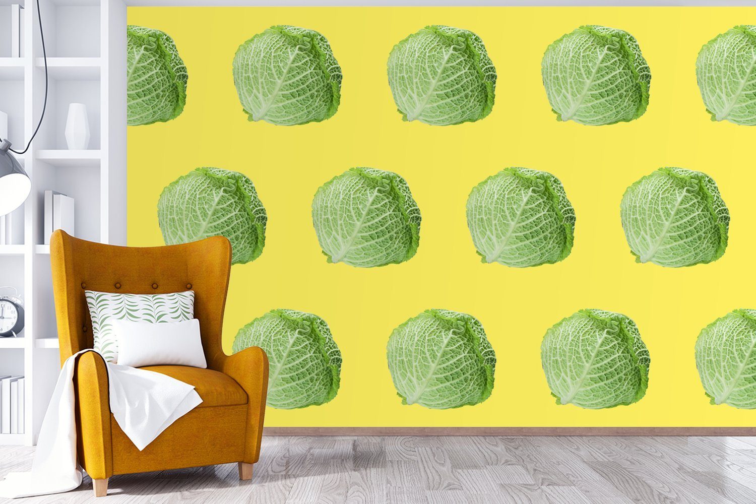 - Wohnzimmer, Wallpaper Vinyl Kinderzimmer, St), Muster Fototapete Gelb, für (6 - Gemüse Tapete Schlafzimmer, bedruckt, MuchoWow Matt, Kopfsalat -