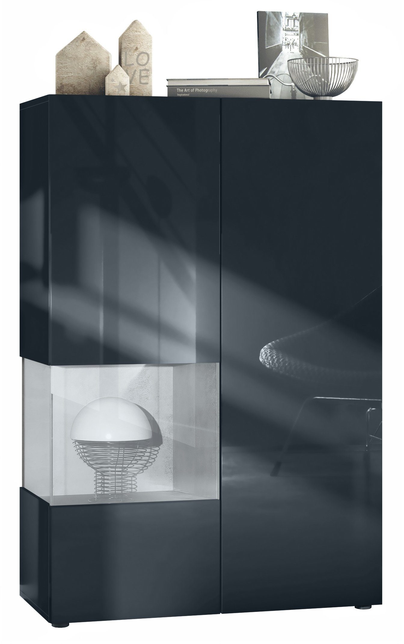 Vladon Standvitrine Morena V2 (Standvitrine, mit 2 Türen und Glaseinsatz) Schwarz matt/Schwarz Hochglanz/Beton Oxid Optik(91,5 x 136,5 x 37 cm)