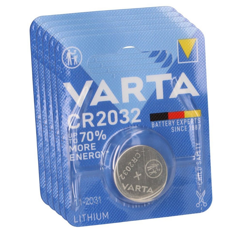 VARTA 5x VARTA Lithium-Knopfzelle 3V CR 2032 DL 2032 ECR 2032 L14 EA - Knopfzelle, (3 V)