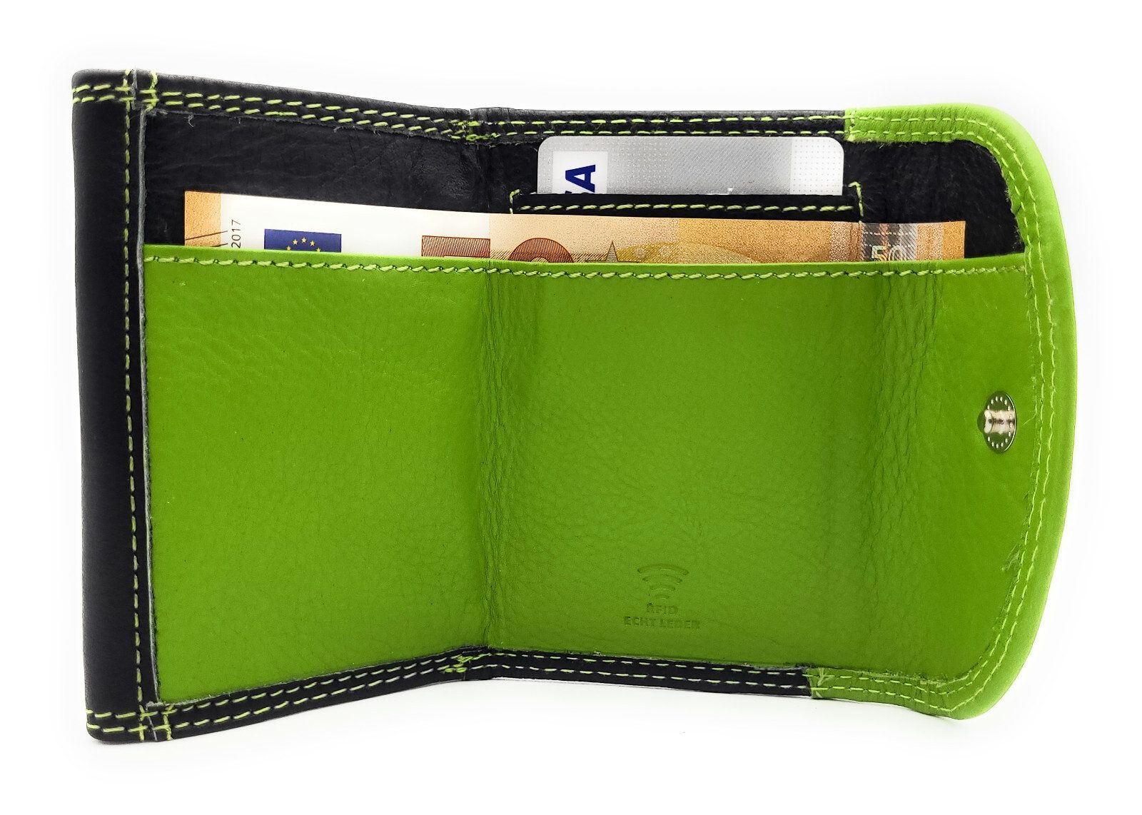 Lemasi Mini Geldbörse kleines echt Leder Portemonnaie, Urlaubsbörse mit RFID Schutz, Wickelbörse mit Münzfach, Scheinfach, Kartenfach