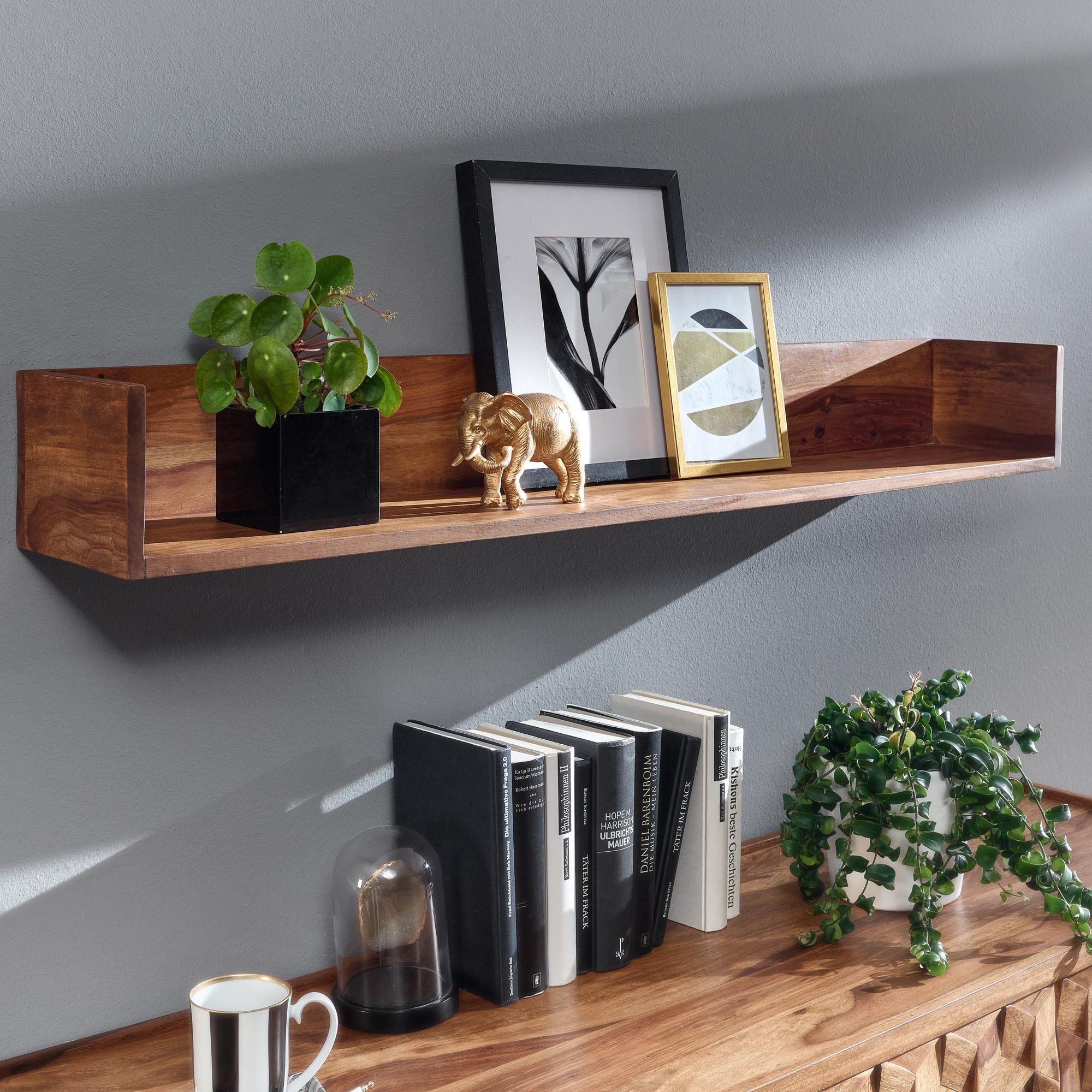 furnicato Wandregal Massivholz, Walnuss Finish 120x15x20 cm Braun